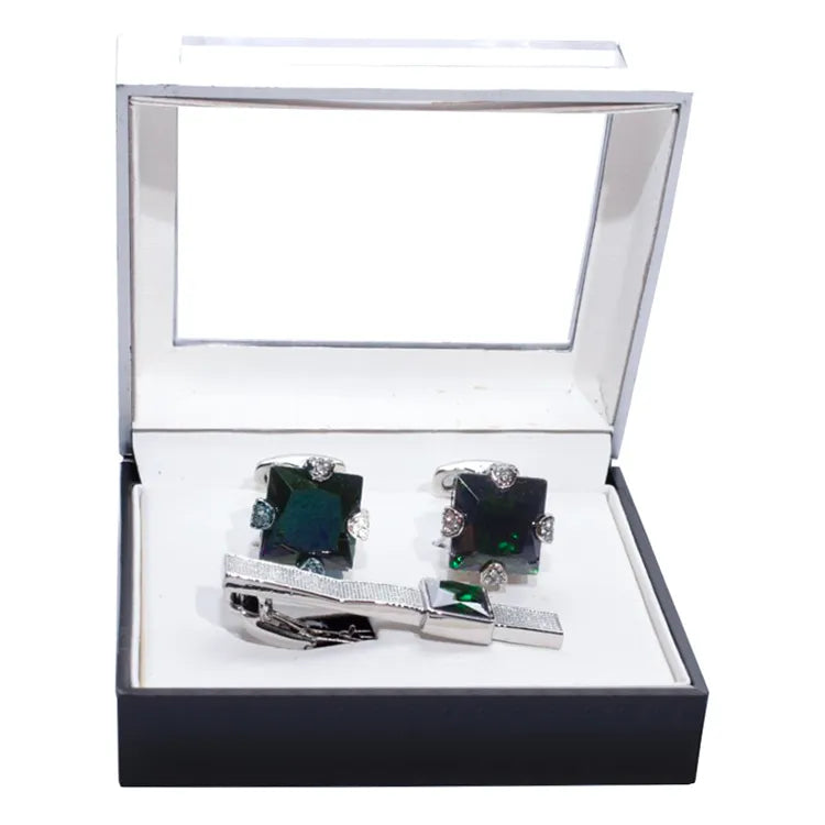 Princess Cut Gem Silver Cufflink Tie-Bar Set