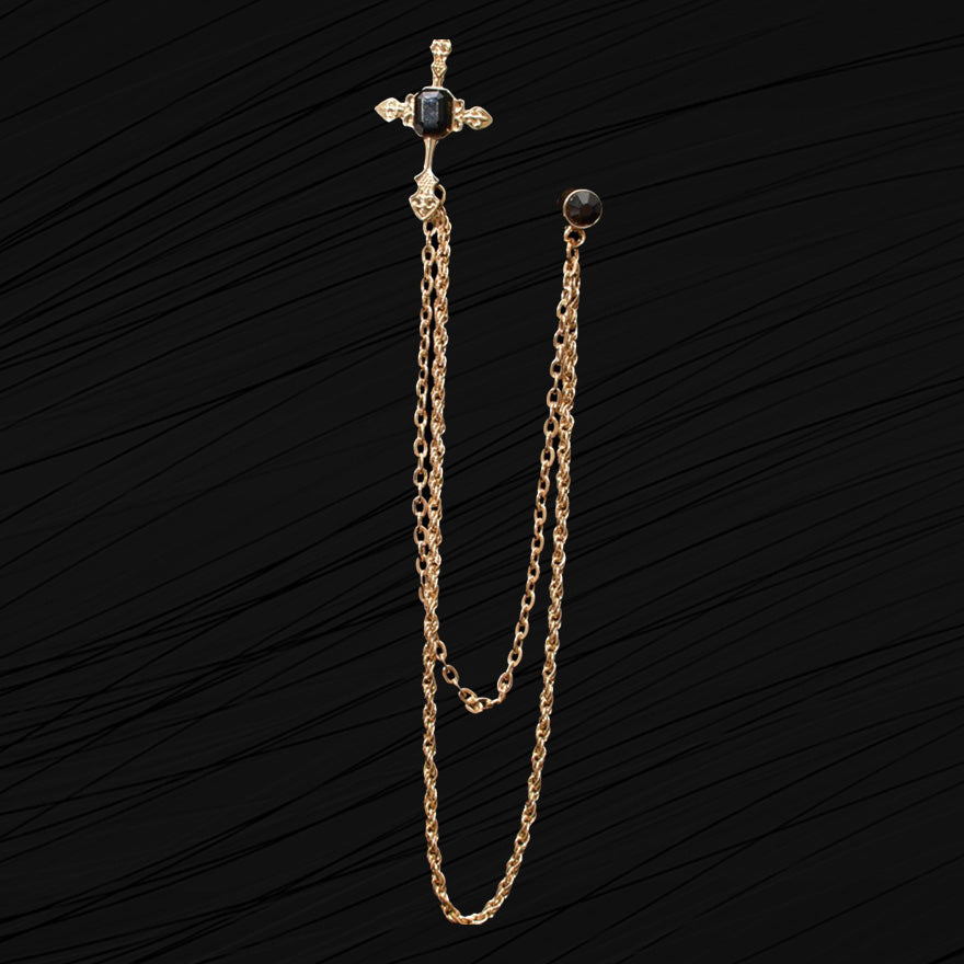 Medium Chain Jeweled Gold Cross Brooch Lapel Pin