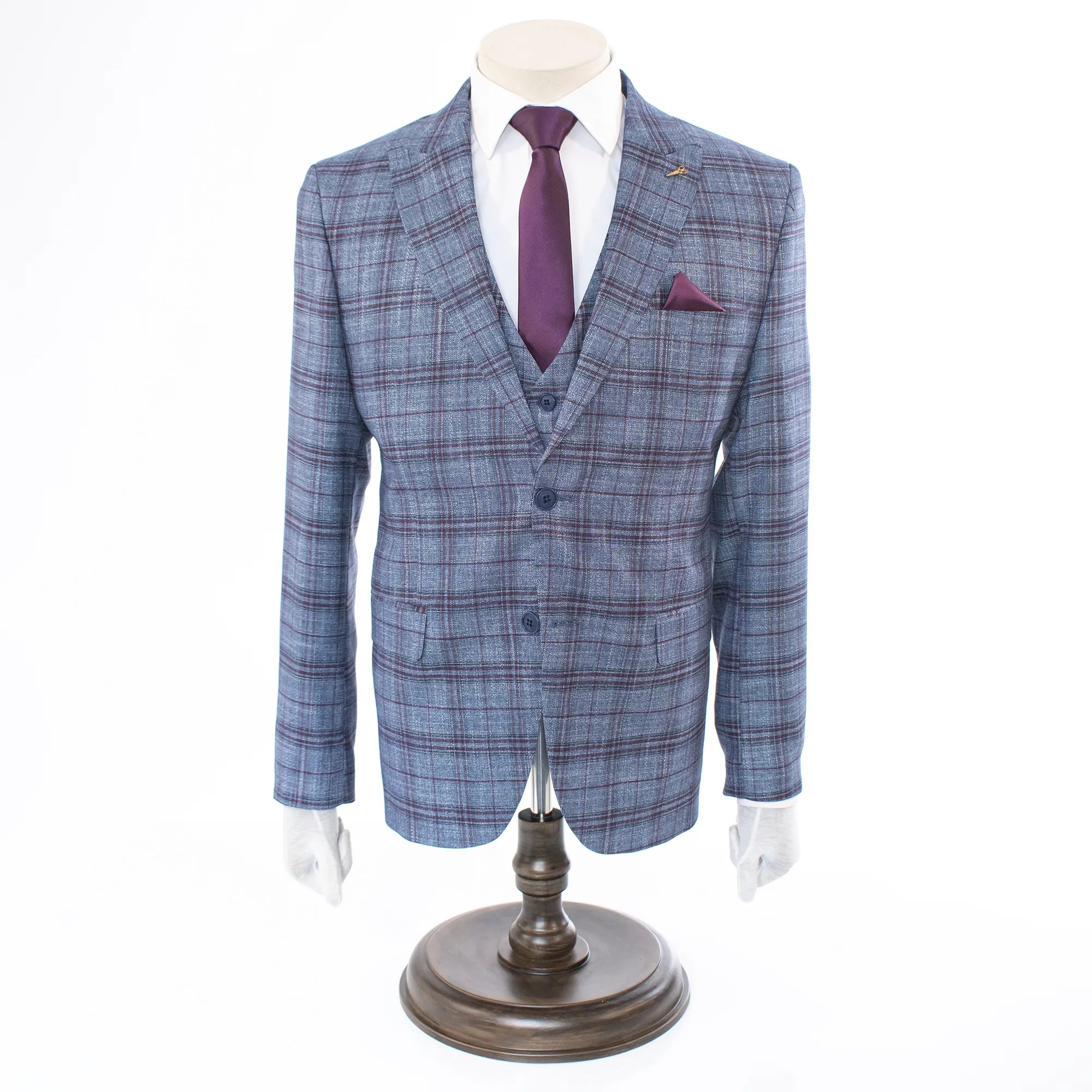 Navy And Plum Plaid Slim-Fit 3-Piece Suit