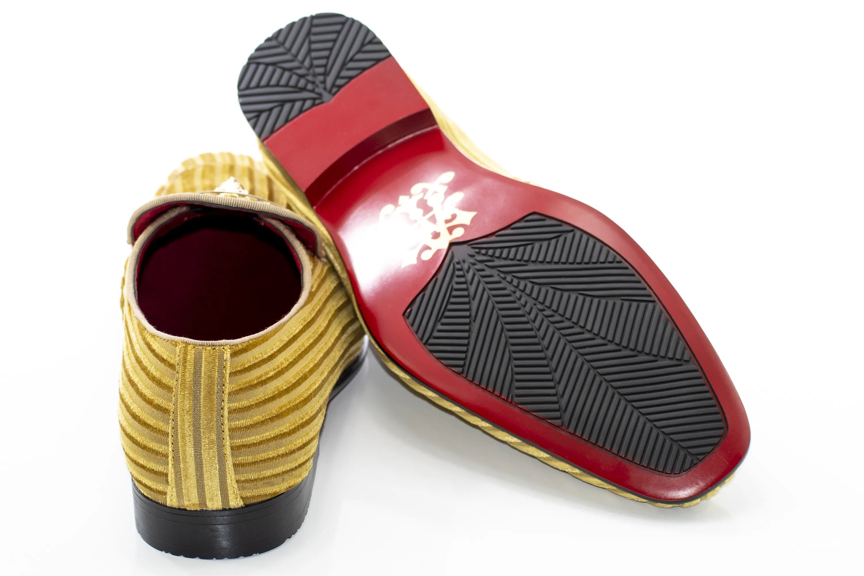 Men's Gold Striped Velvet Loafer - Back, Sole