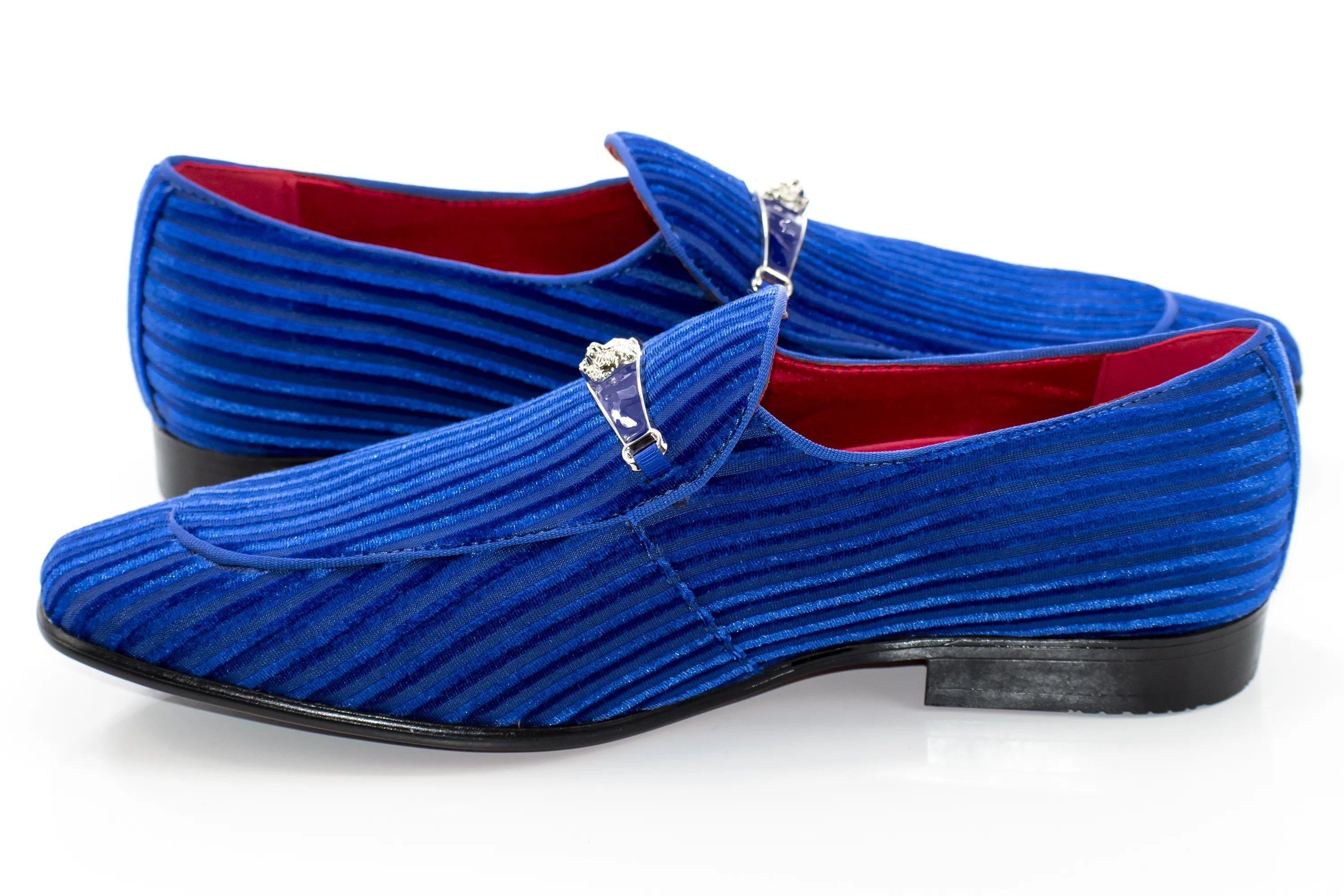 Royal Blue Striped Velvet Loafer - Quarter, Heel