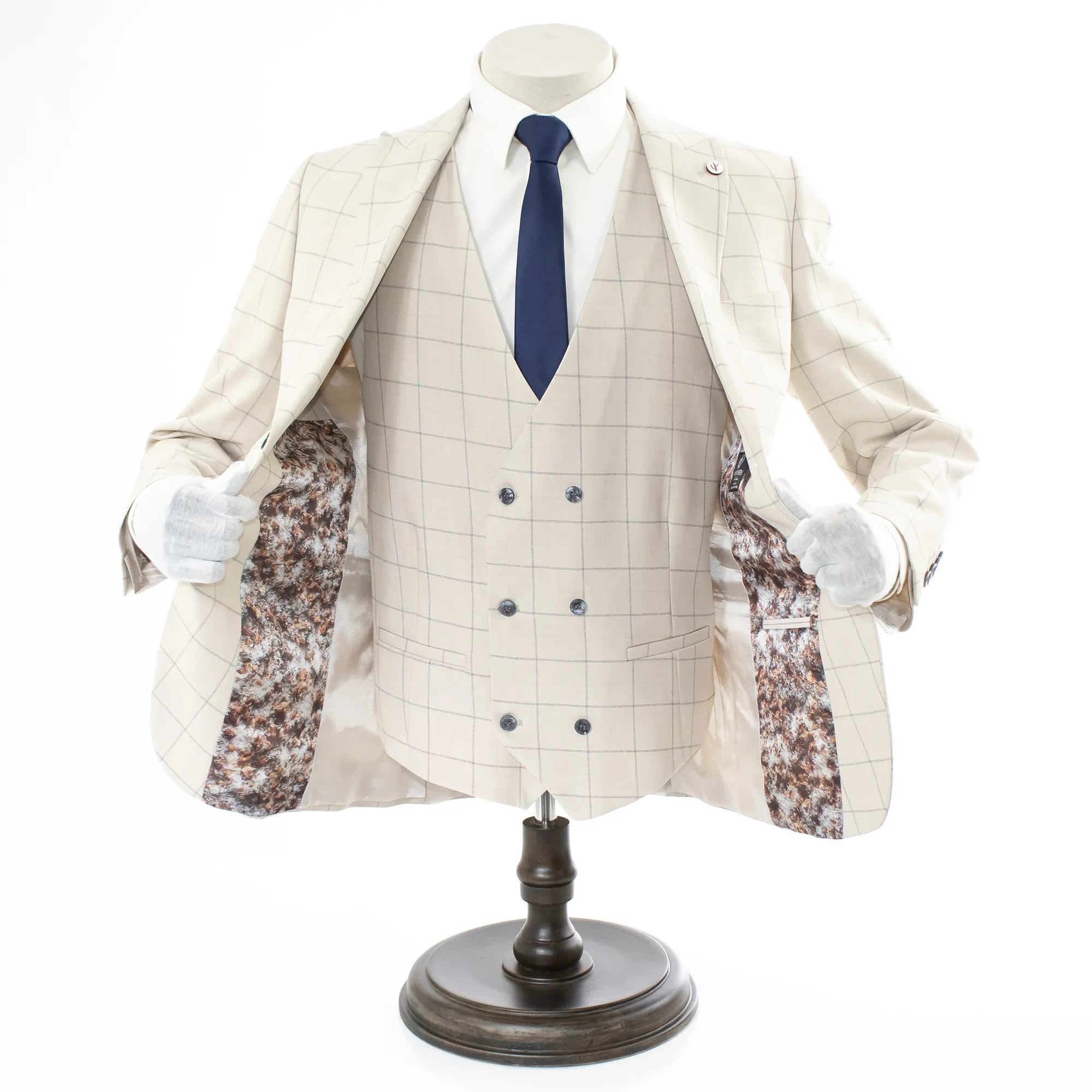 Men's Beige Checked 3-Piece Tailored-Fit Suit - Double Breasted Vest