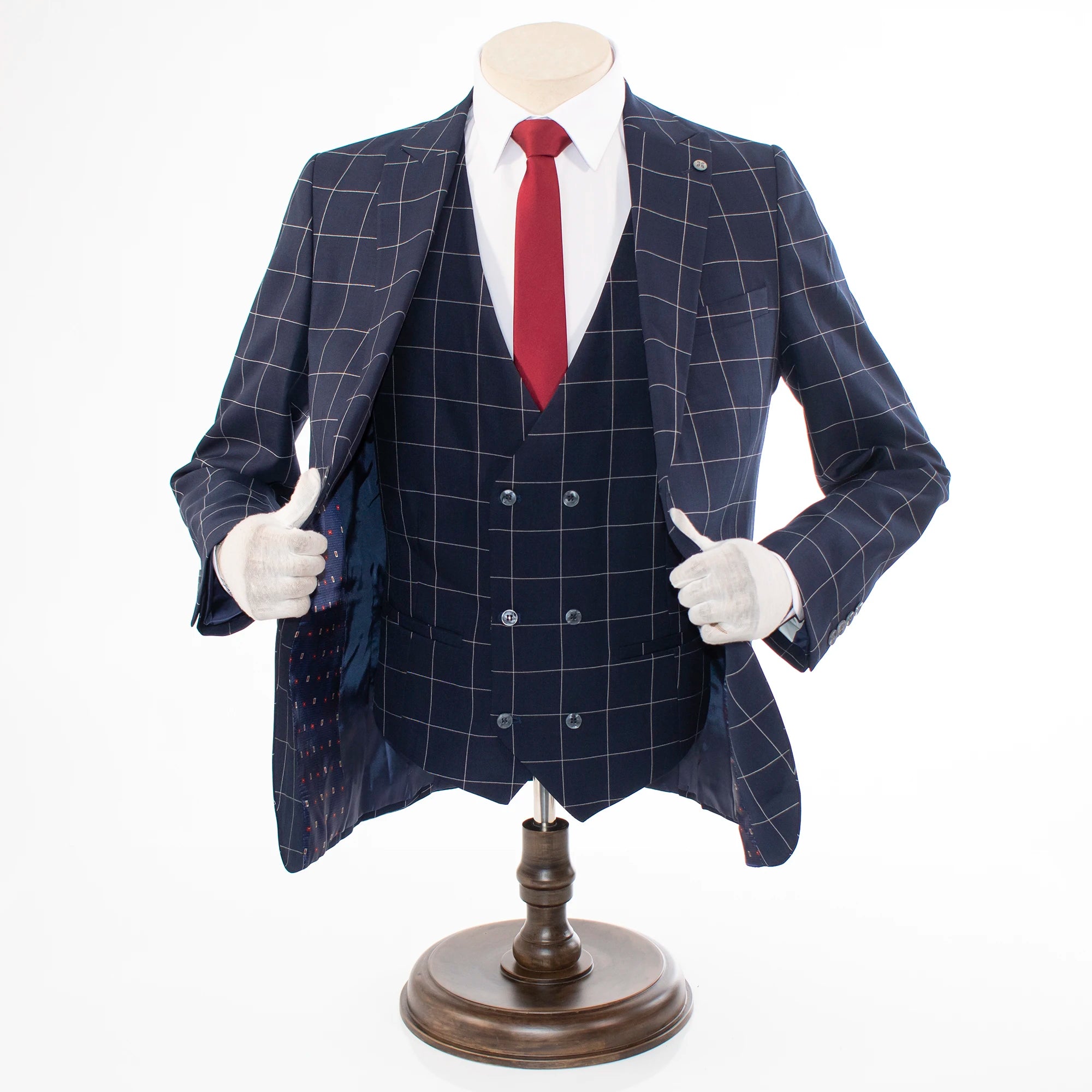Men's Navy Checked 3-Piece Tailored-Fit Suit - Double Breasted Vest
