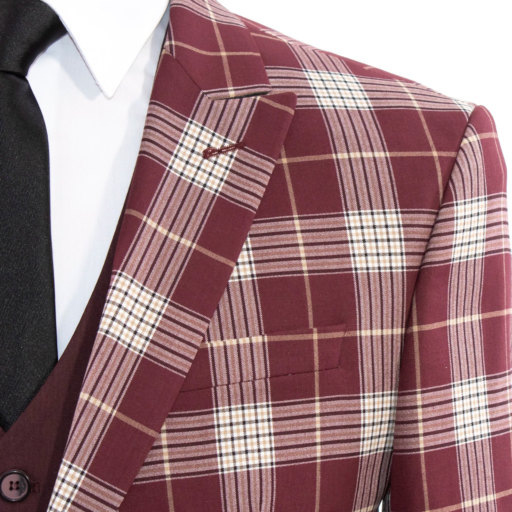 Burgundy Plaid 3-Piece Tailored-Fit Suit With Peak Lapels