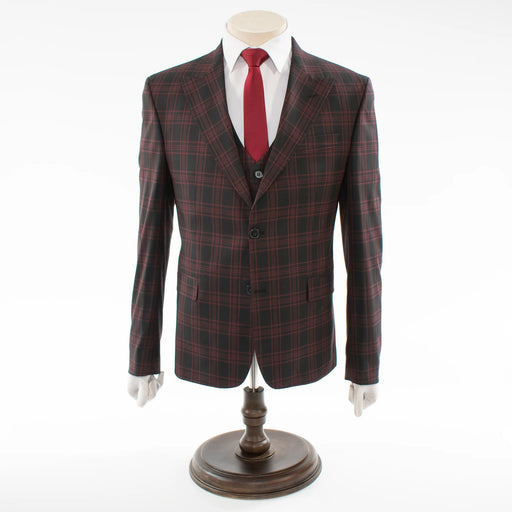 Men's Black And Burgundy Plaid 3-Piece Wool Suit With Peak Lapels