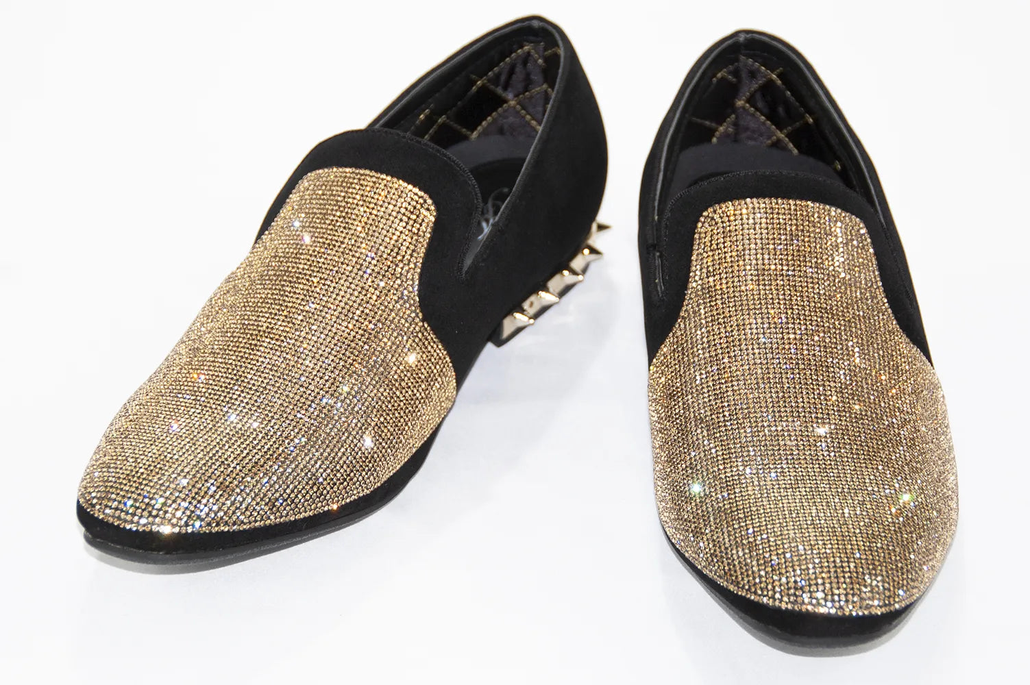 Black Velvet & Gold Rhinestone Spiked Heel Loafers