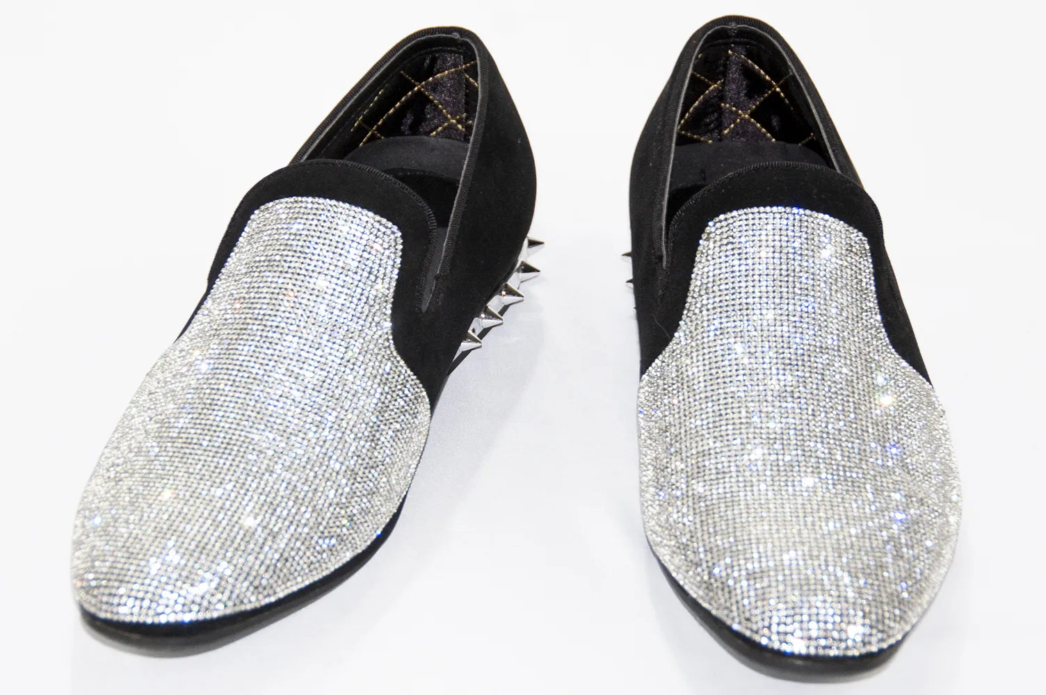 Black Velvet & Silver Rhinestone Spiked Heel Loafers