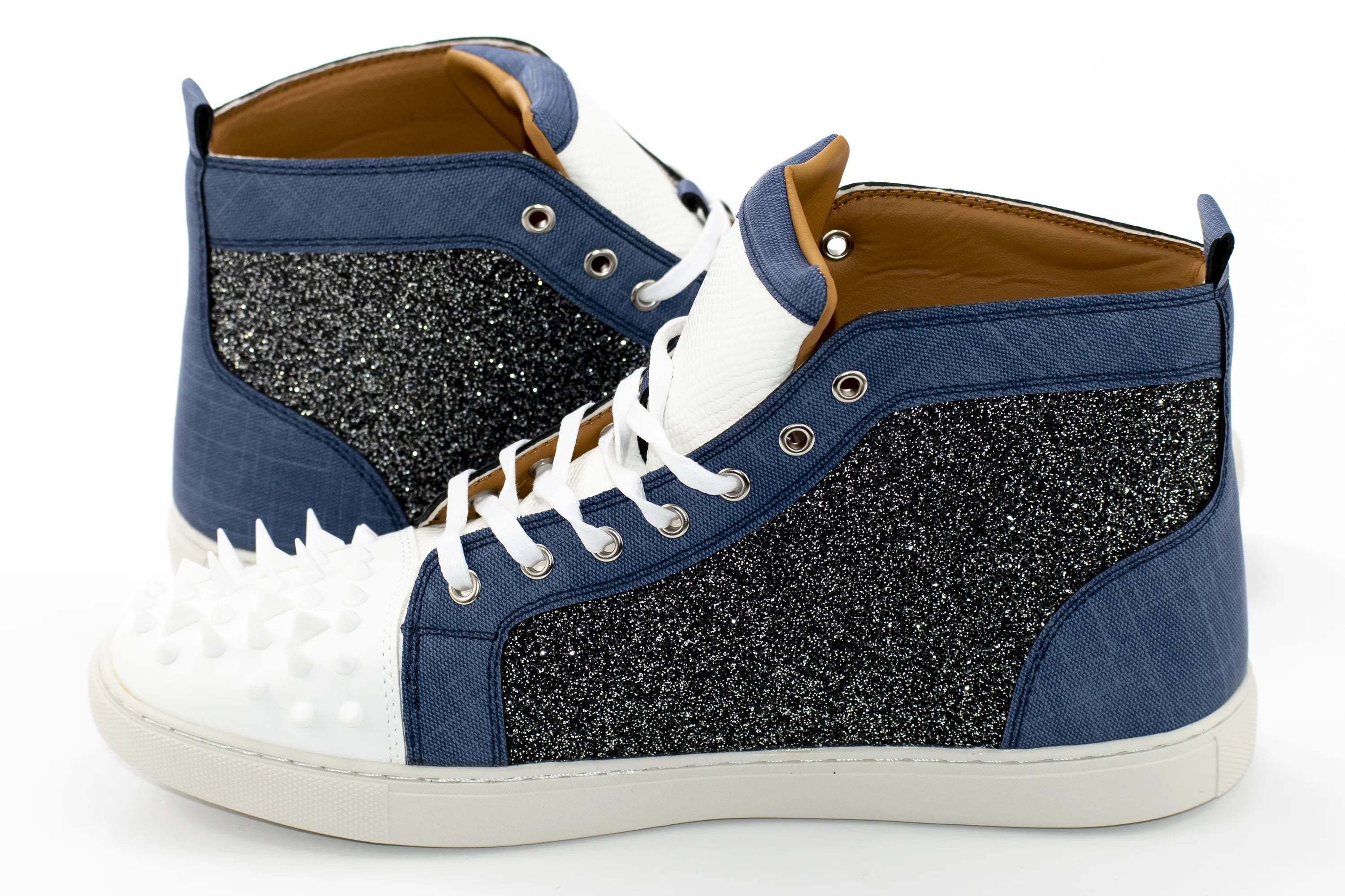 White and Denim Glitter Spiked High-Tops