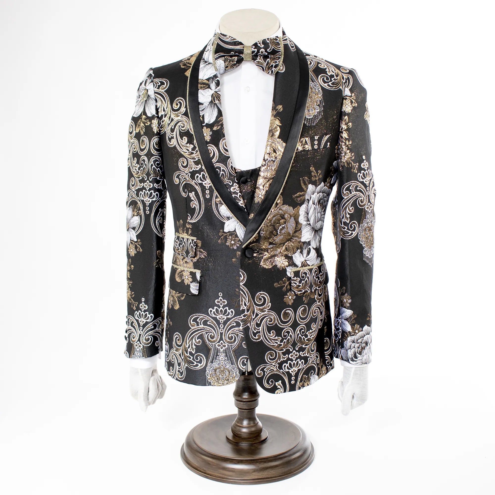 Black Luxurious Floral Baroque 3-Piece Slim-Fit Tuxedo