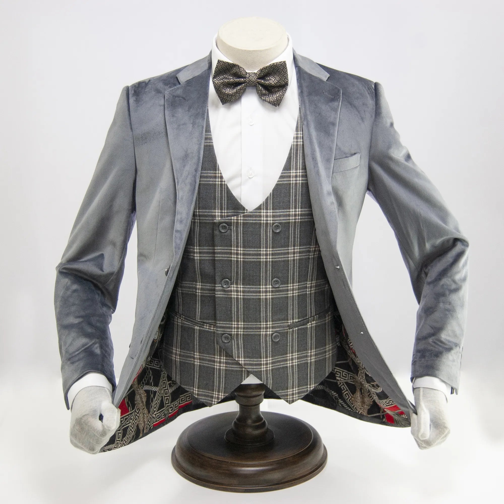 Gray Designer Velvet 3-Piece Slim-Fit Tuxedo with Plaid