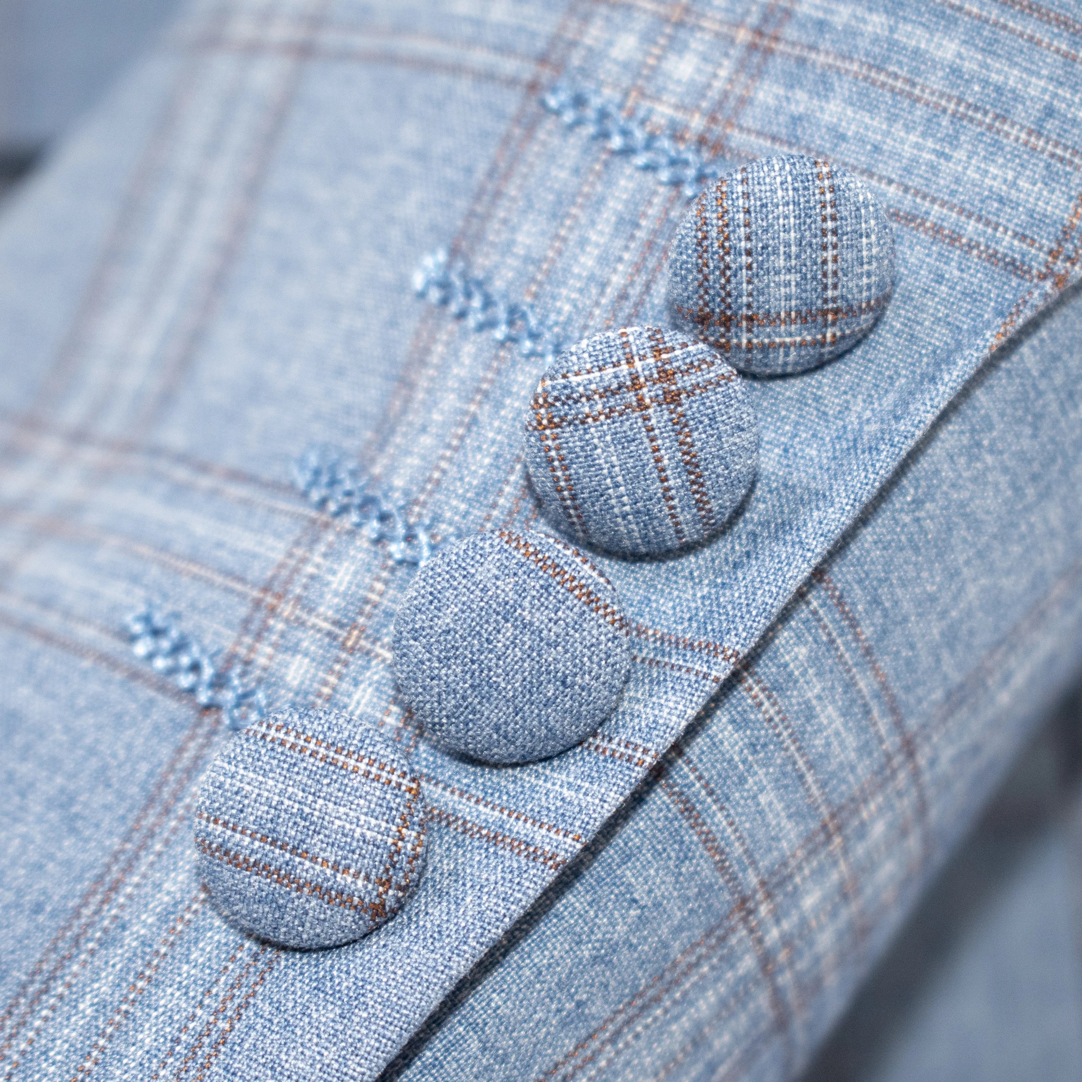 Men's Teal Blue Plaid 3-Piece Modern-Fit Suit And Double Breasted Vest Cuffs