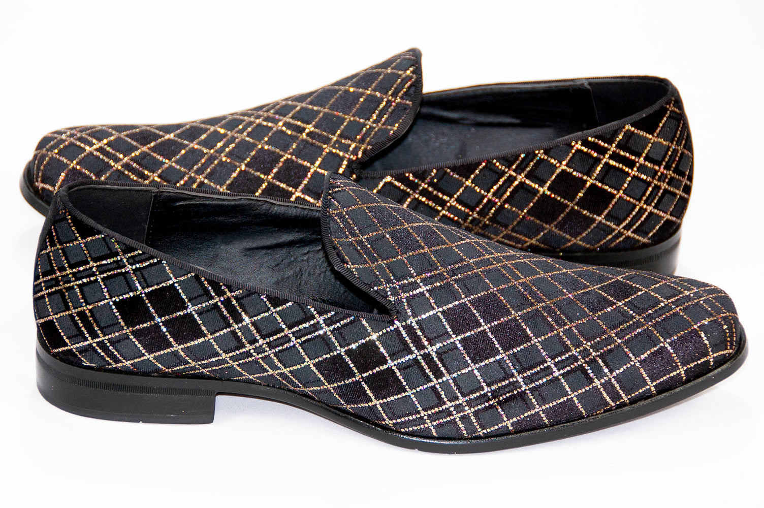 black and gray loafers with gold glitter pattern