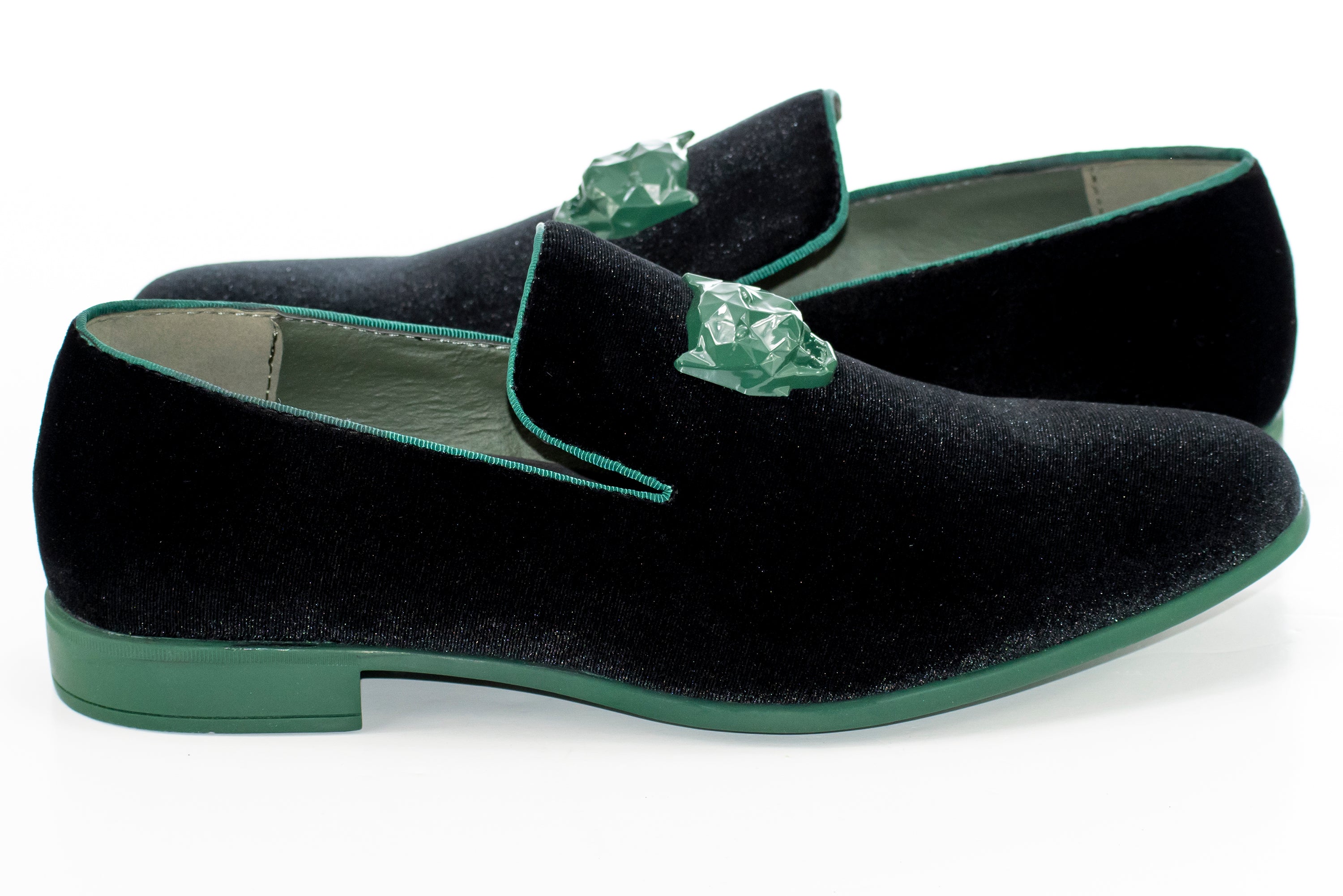 Green and Black Velvet Smoking Loafer with Lion Bit