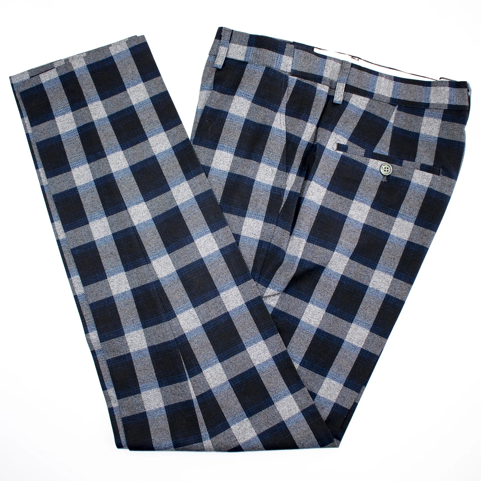 Cream And Navy Shepherd's Check Plaid Slim-Fit Dress Pants