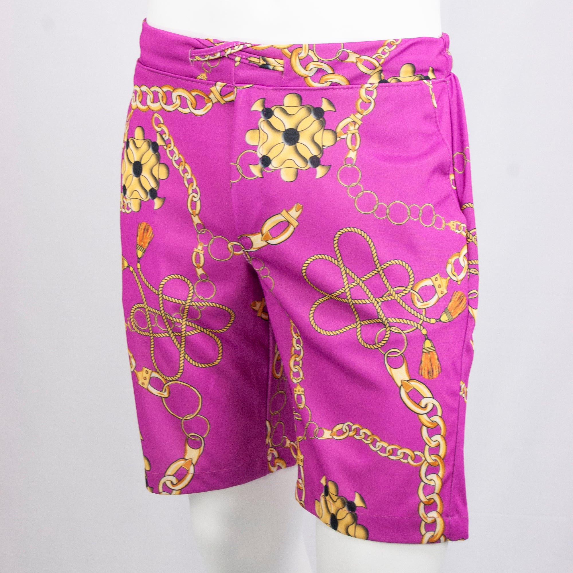 Pink & Gold Chain Patterned Plaid Shorts