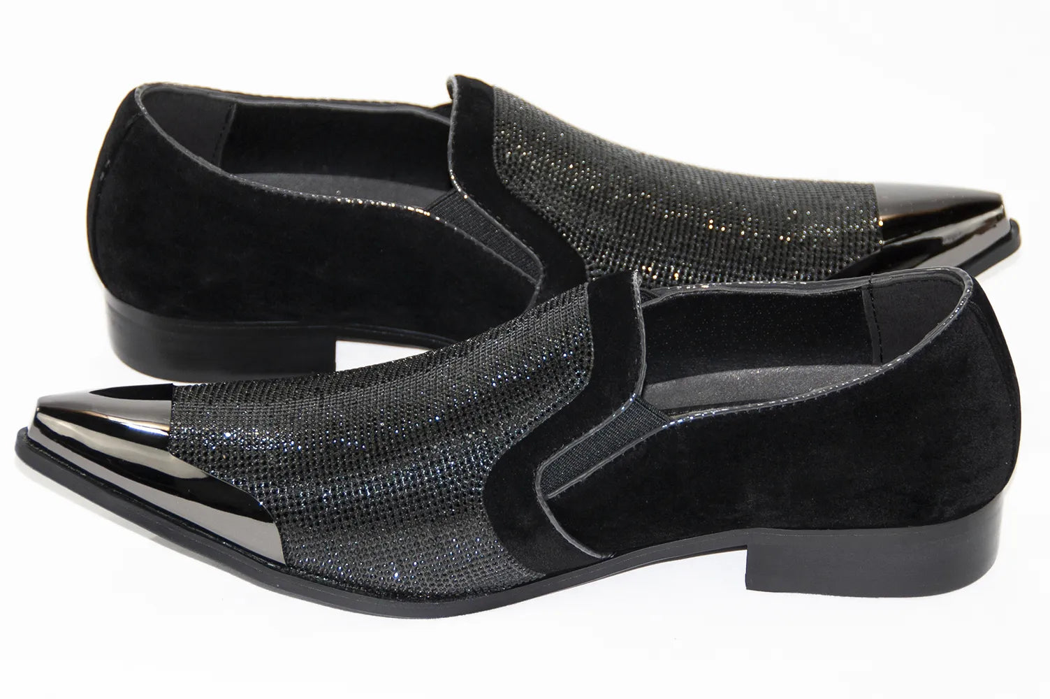 Black Velvet & Rhinestone Smoking Loafers With Metal Tip