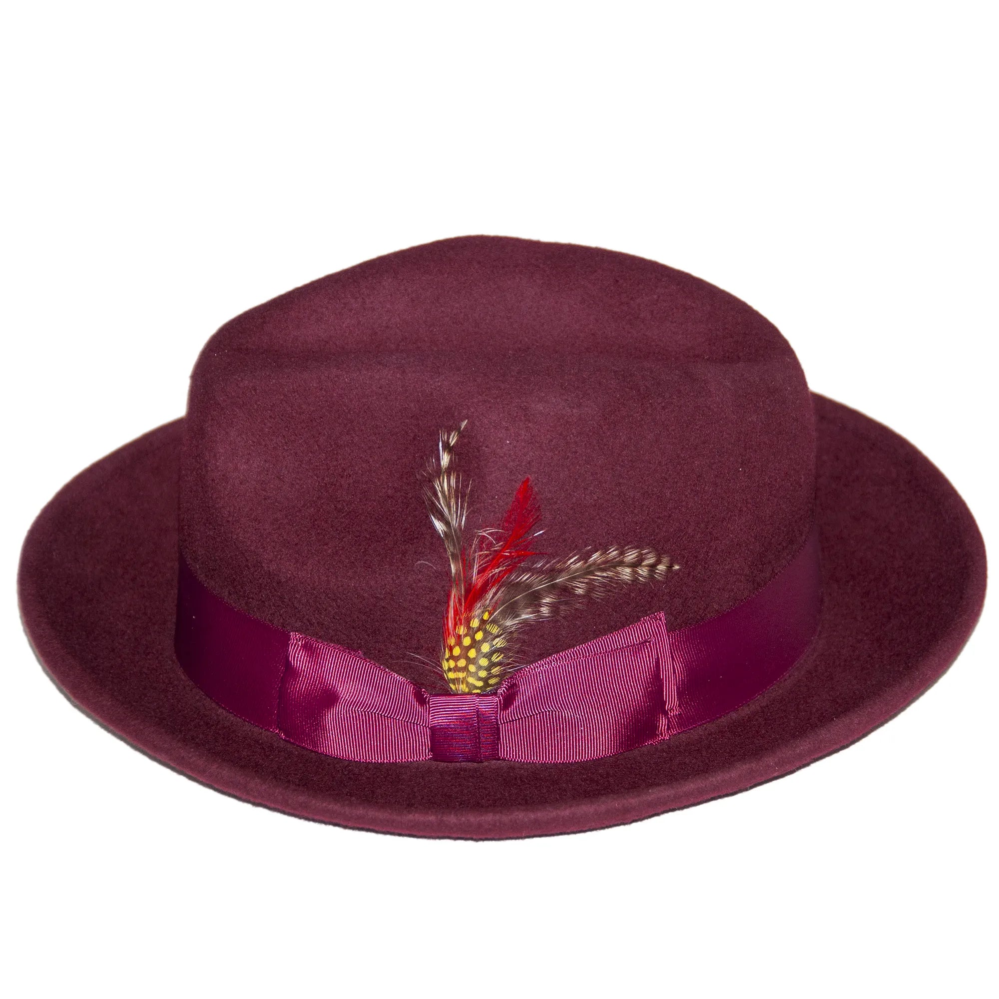 Men's Burgundy Wide Brim Fedora With Feather Plume