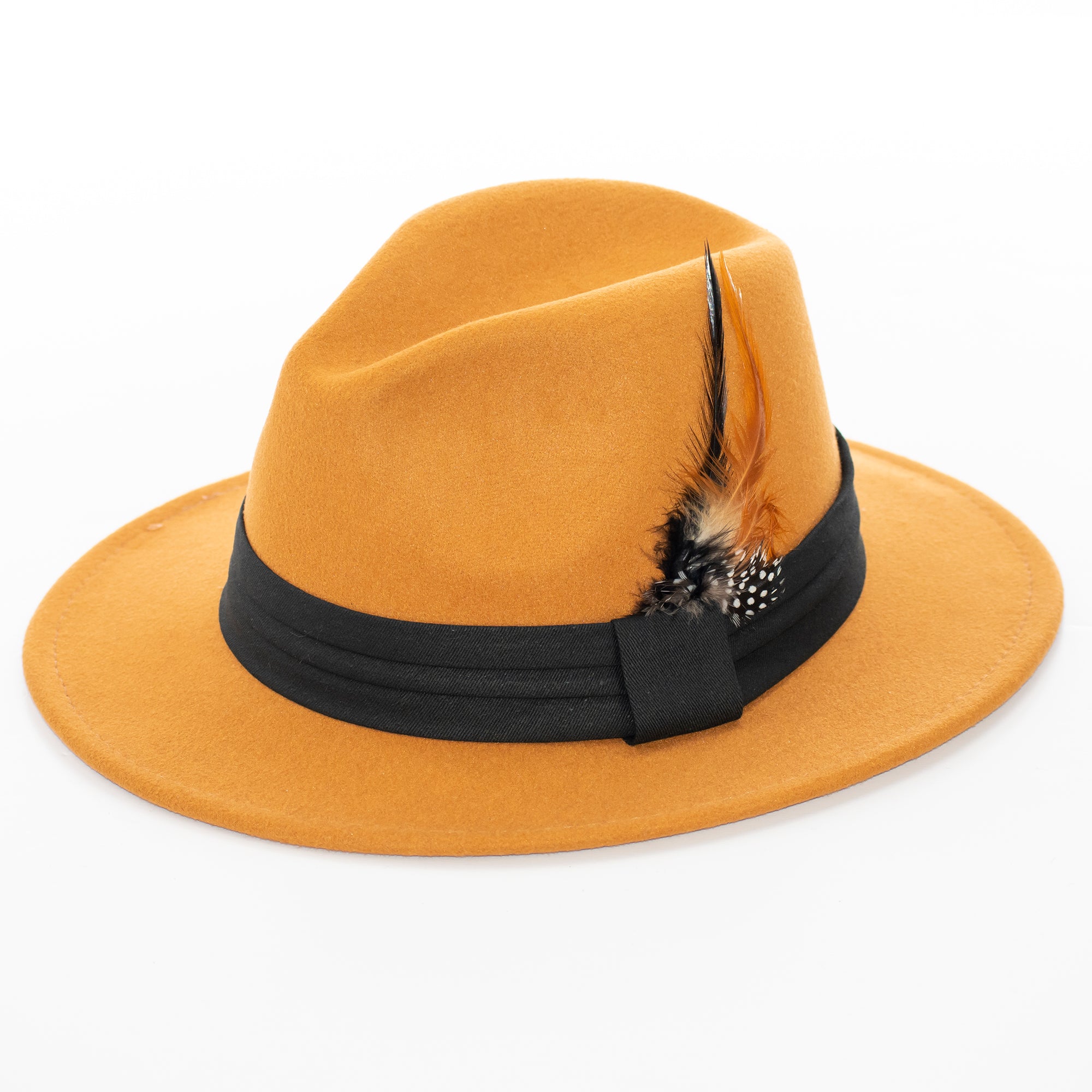 Wide Brim Caramel Fedora with Feather Plume