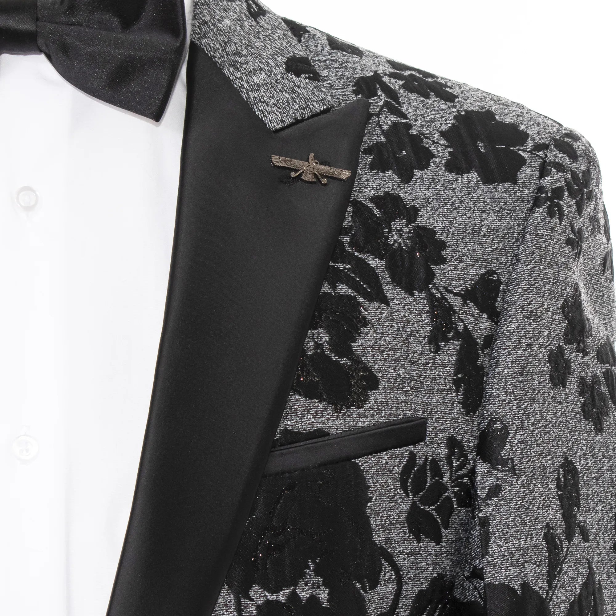 Gray And Black Floral Jacket With Peak Lapels