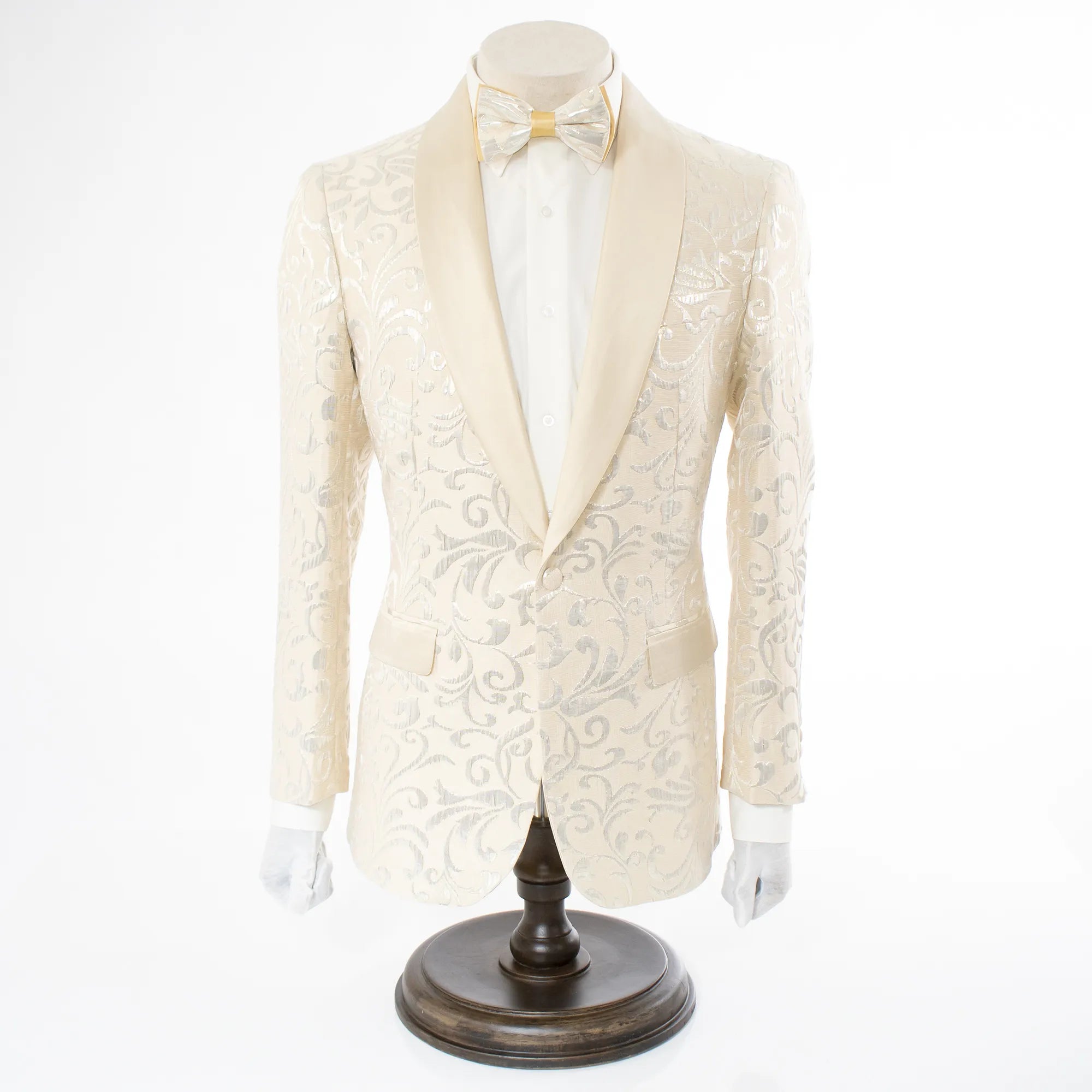 Men's Cream Scroll Motif Slim-Fit Jacket - Front Button Closure