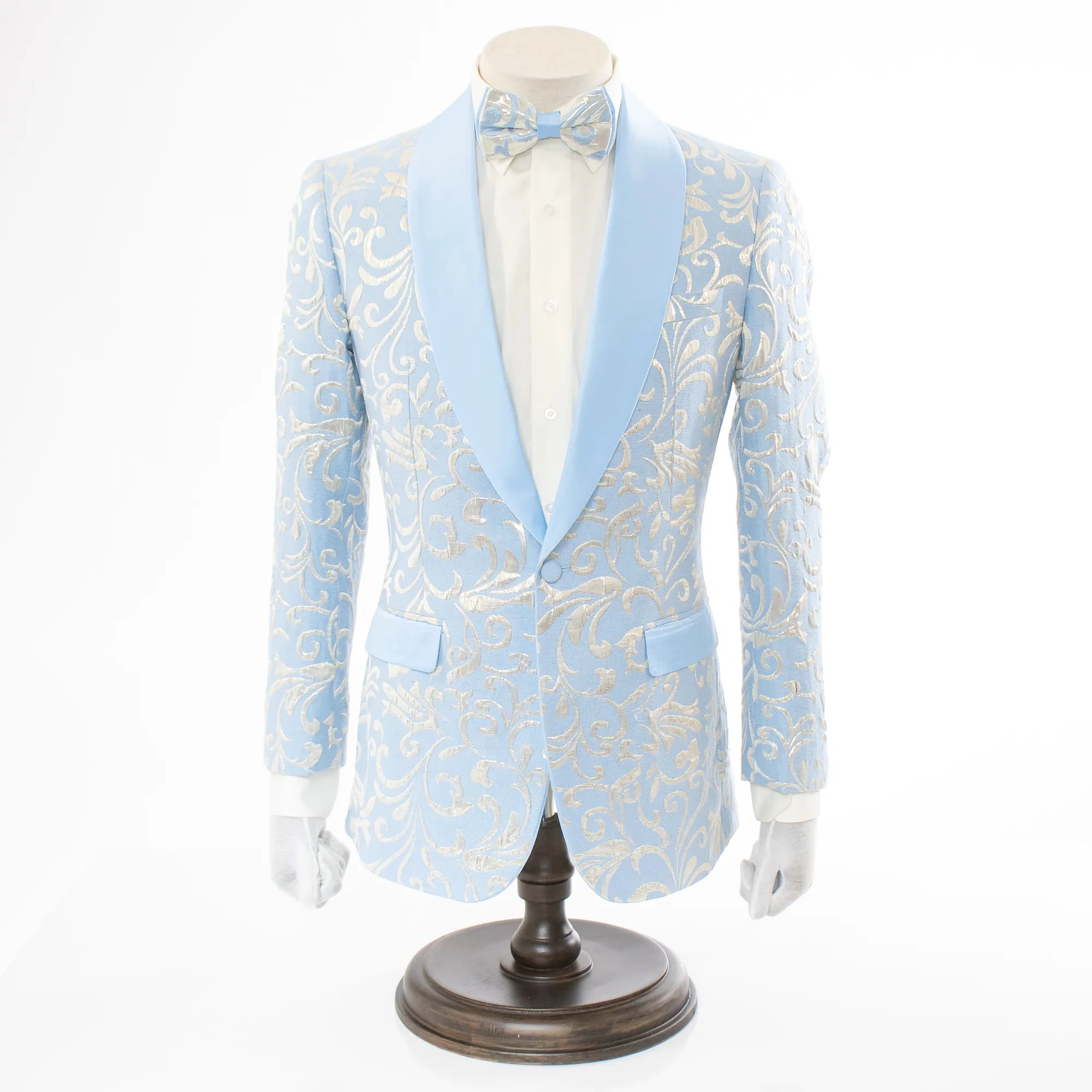 Men's Sky Blue Scroll Motif Slim-Fit Jacket - Front Button Closure