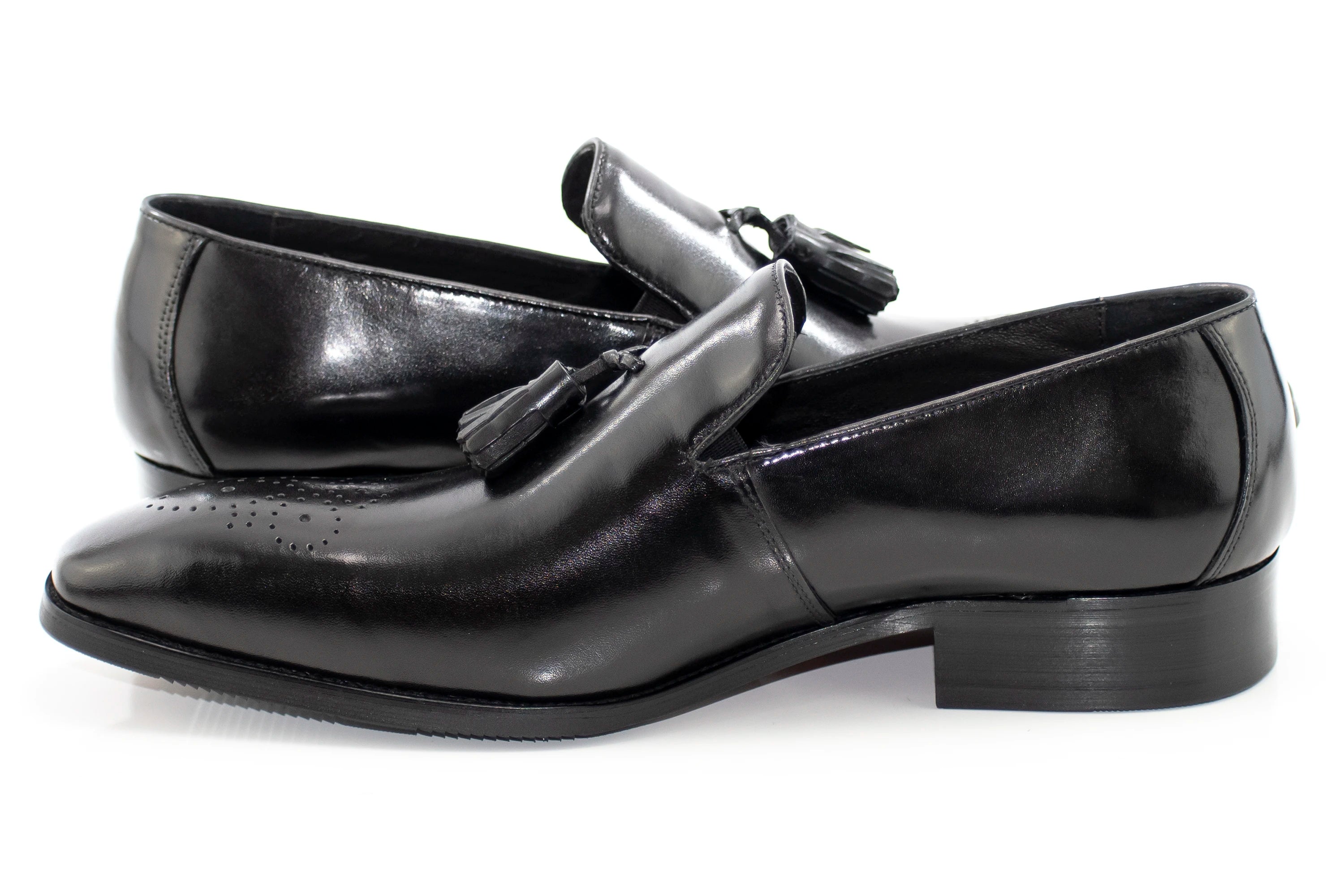Men's Black Tassel Dress Loafer With Medallion Toe