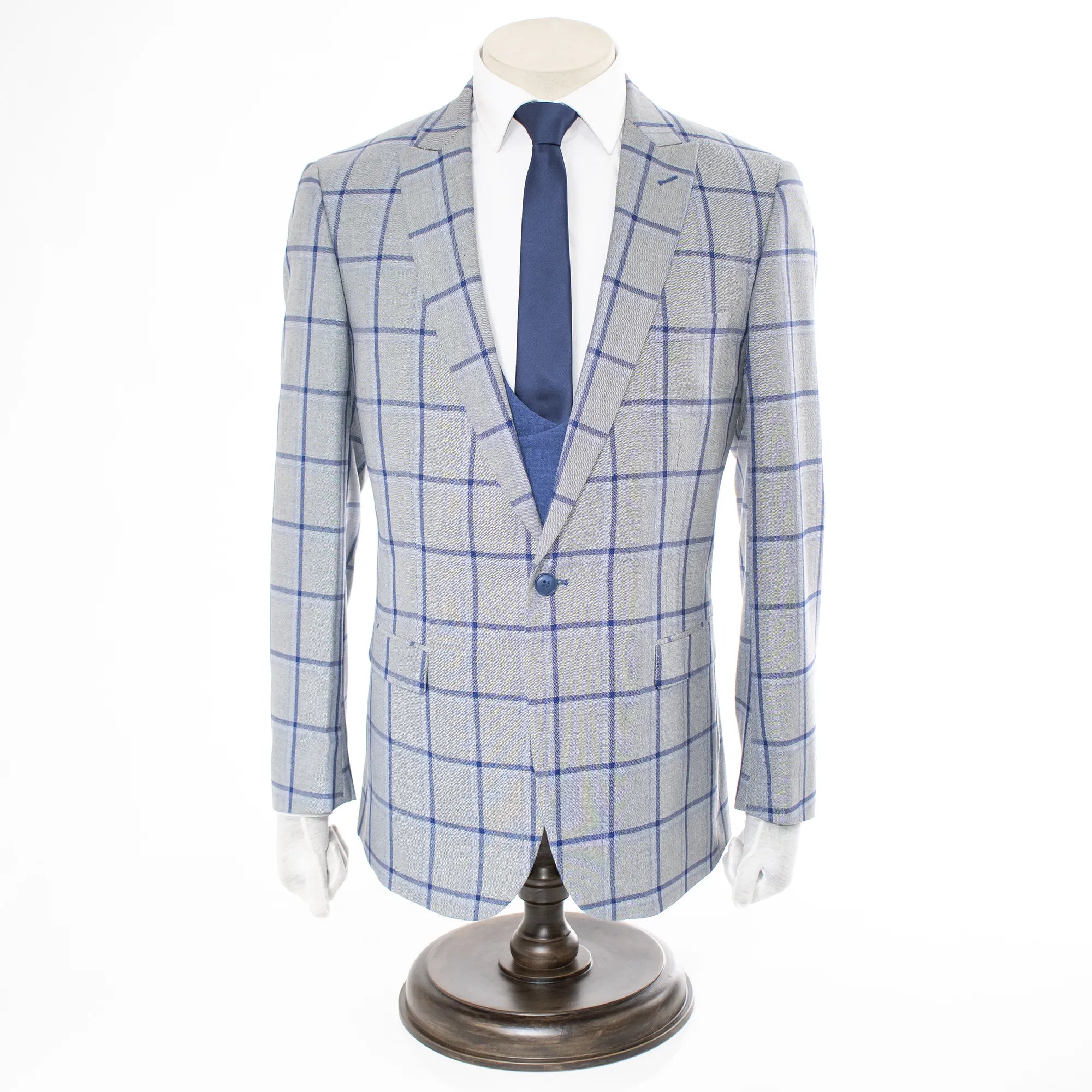 Gray And Blue Plaid 3-Piece Slim-Fit Suit