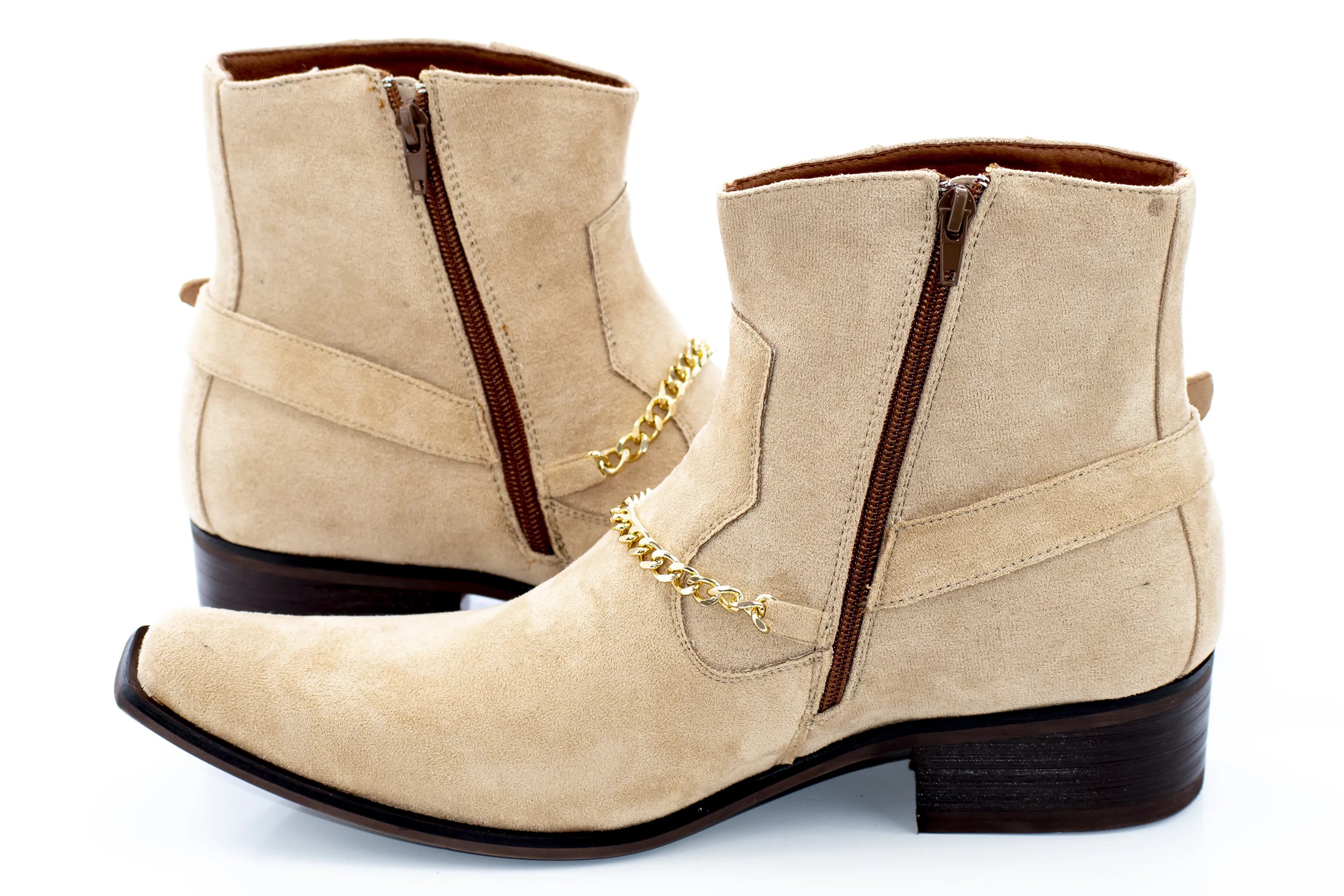 Cream Buckled Western Style Boot with Chain