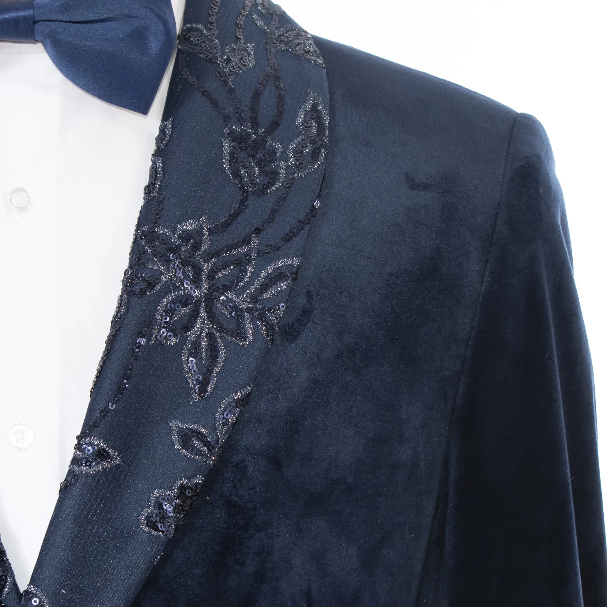 Navy Blue Rhinestones Encrusted Floral Jacket