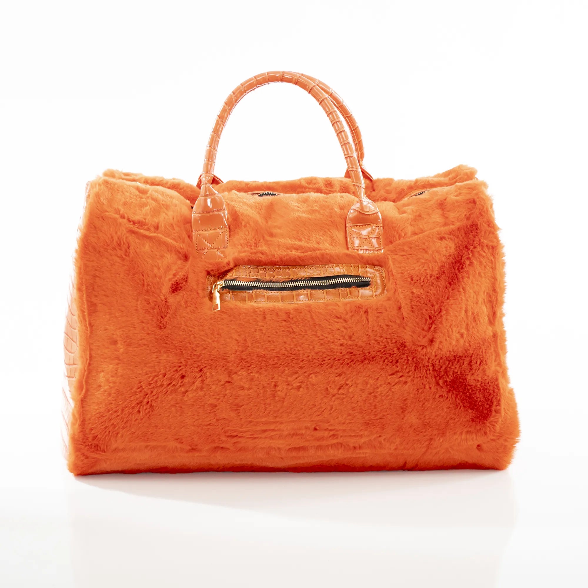 Orange Faux Furr Travel Bag With Fur Trim