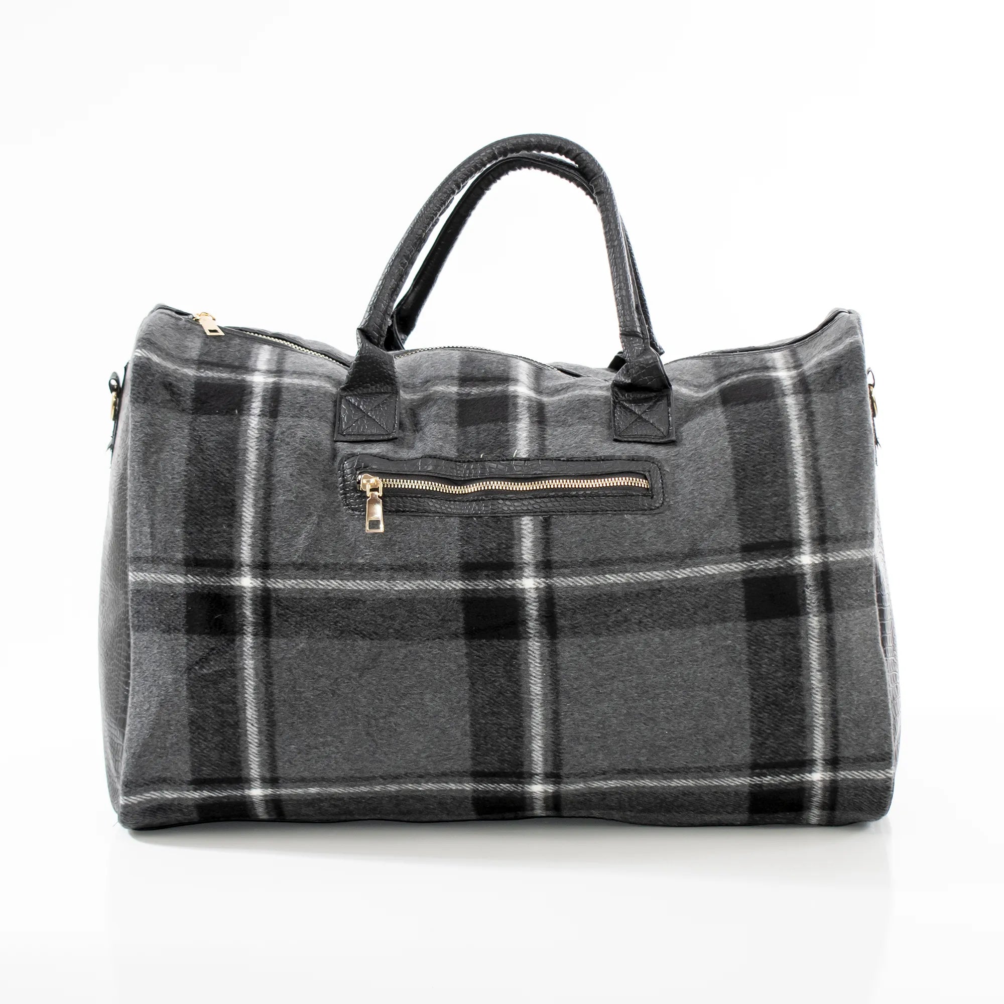 Black and Gray Plaid and Leather Travel Bag