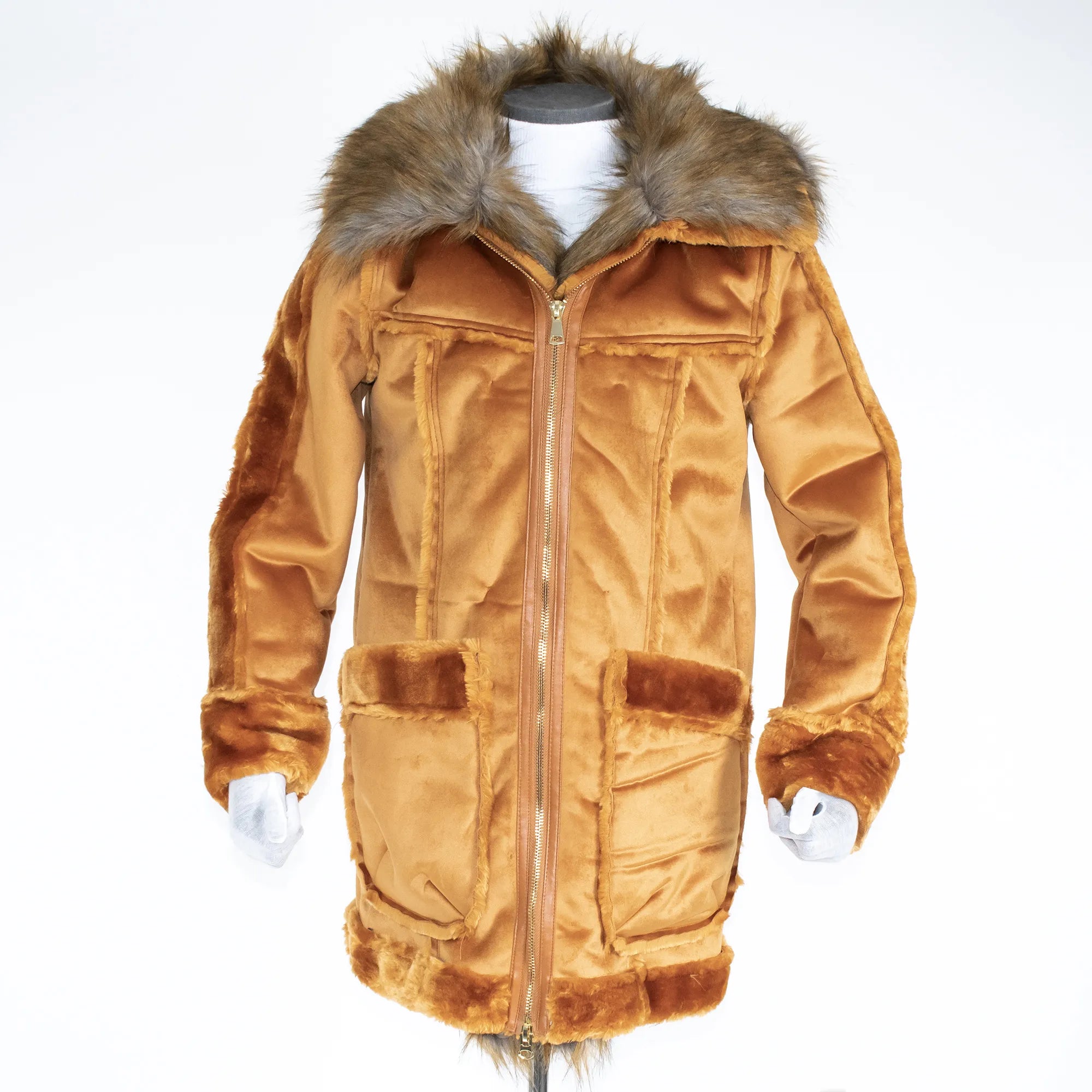 Camel Suede Long Overcoat With Fur Collar