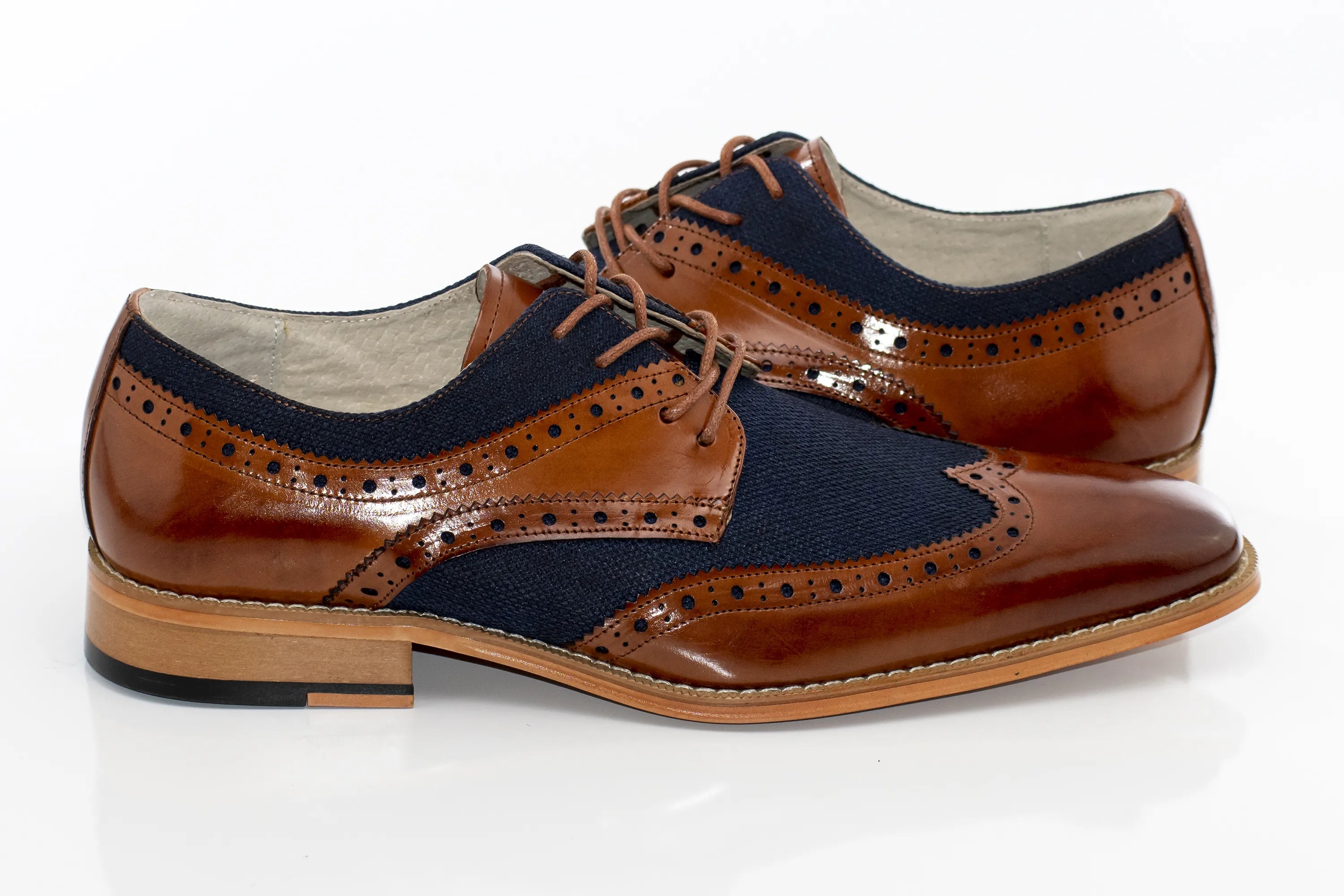 Men's Brown And Navy Blue Derby Dress Shoe With Wingtip Brogue