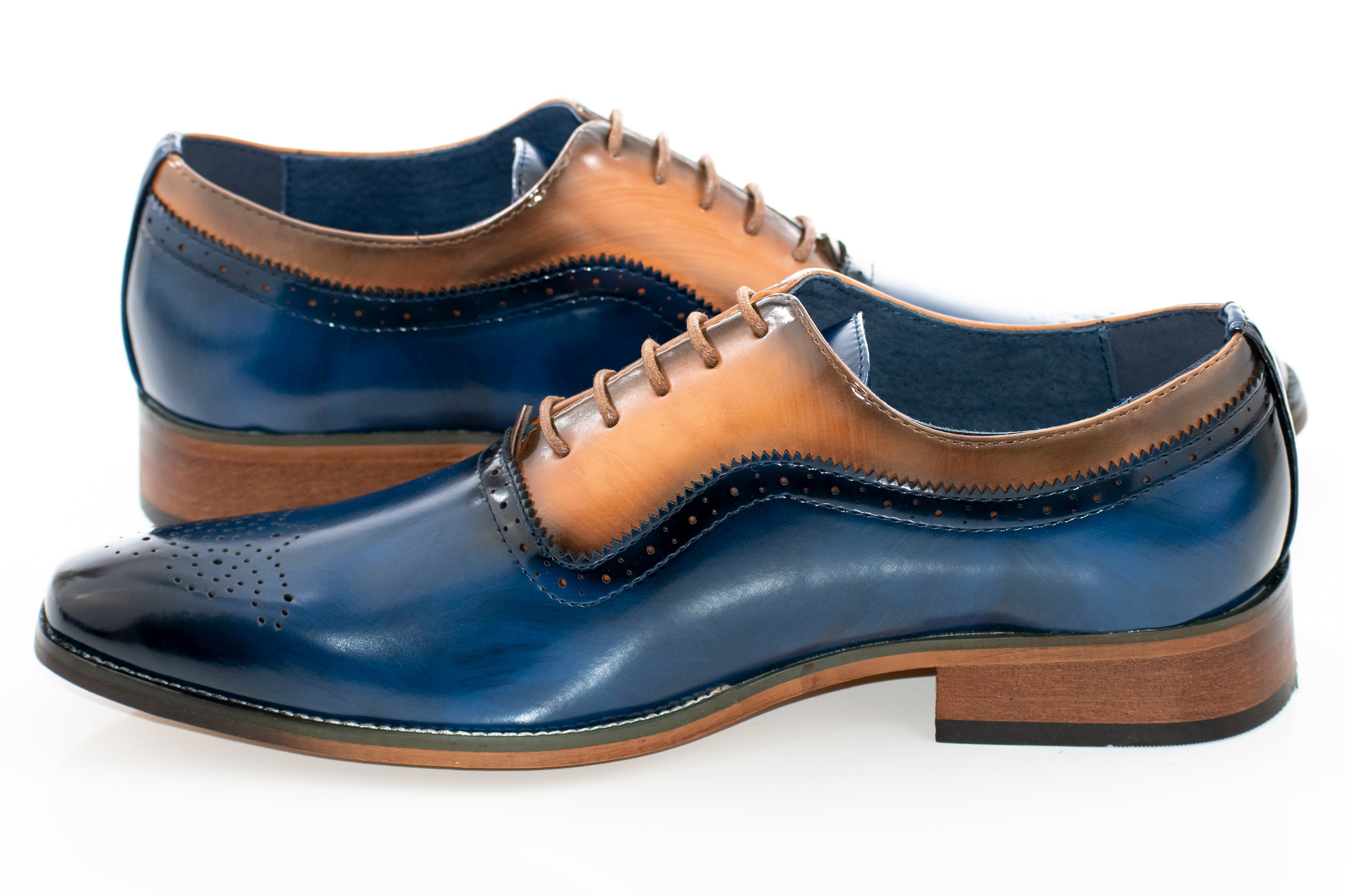 Men's Navy Blue And Brown Oxford Dress Shoe With Medallion Toe