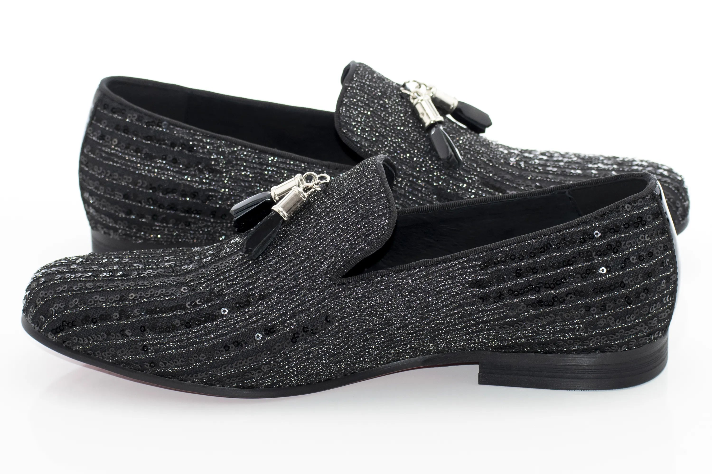 Black and Silver Sequined Dress Loafer with Tassels