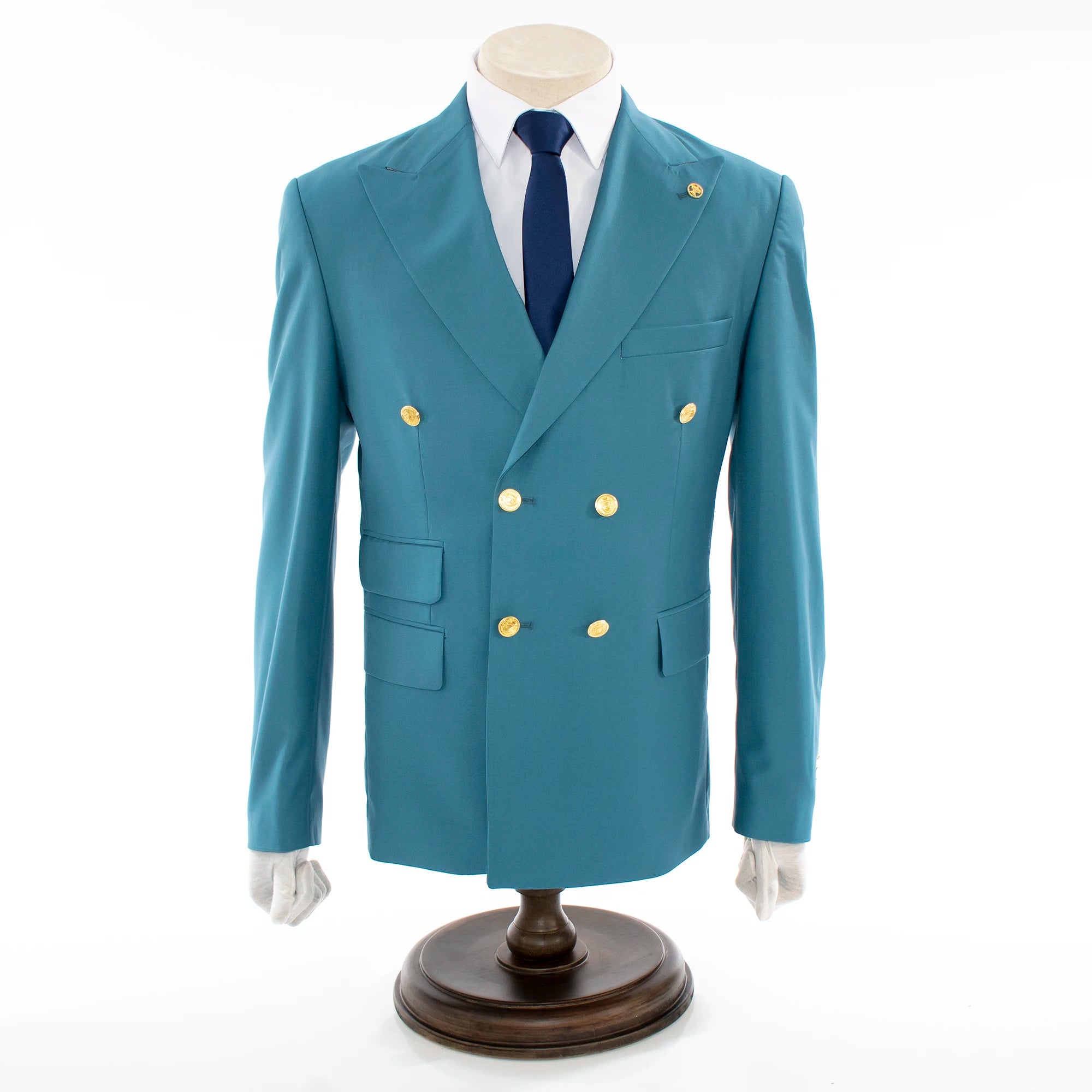 Men's Teal Blue Double-Breasted Slim-Fit Suit With Peak Lapels