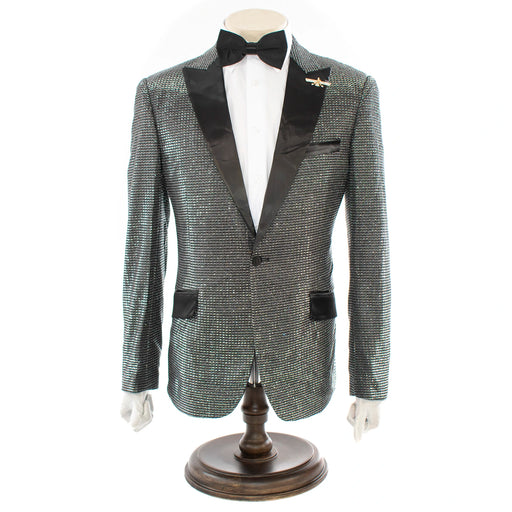 Men's Black And Silver Sparkling Glitter Slim-Fit Tuxedo With Peak Lapels