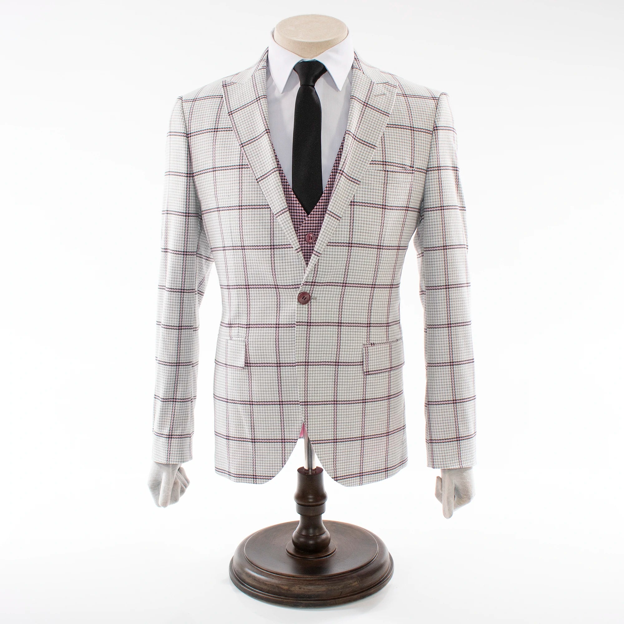 Men's Gray And Pink Windowpane Plaid 3-Piece Tailored-Fit Suit