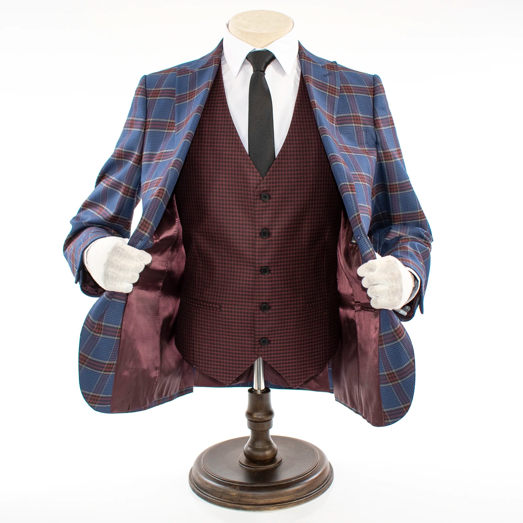 Blue and Burgundy Plaid 3-Piece Tailored-Fit Suit