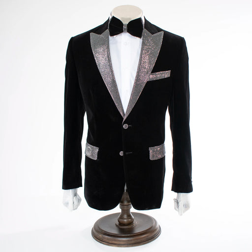 Men's Black Velvet Regular-Fit Jacket with Silver Peak Lapel