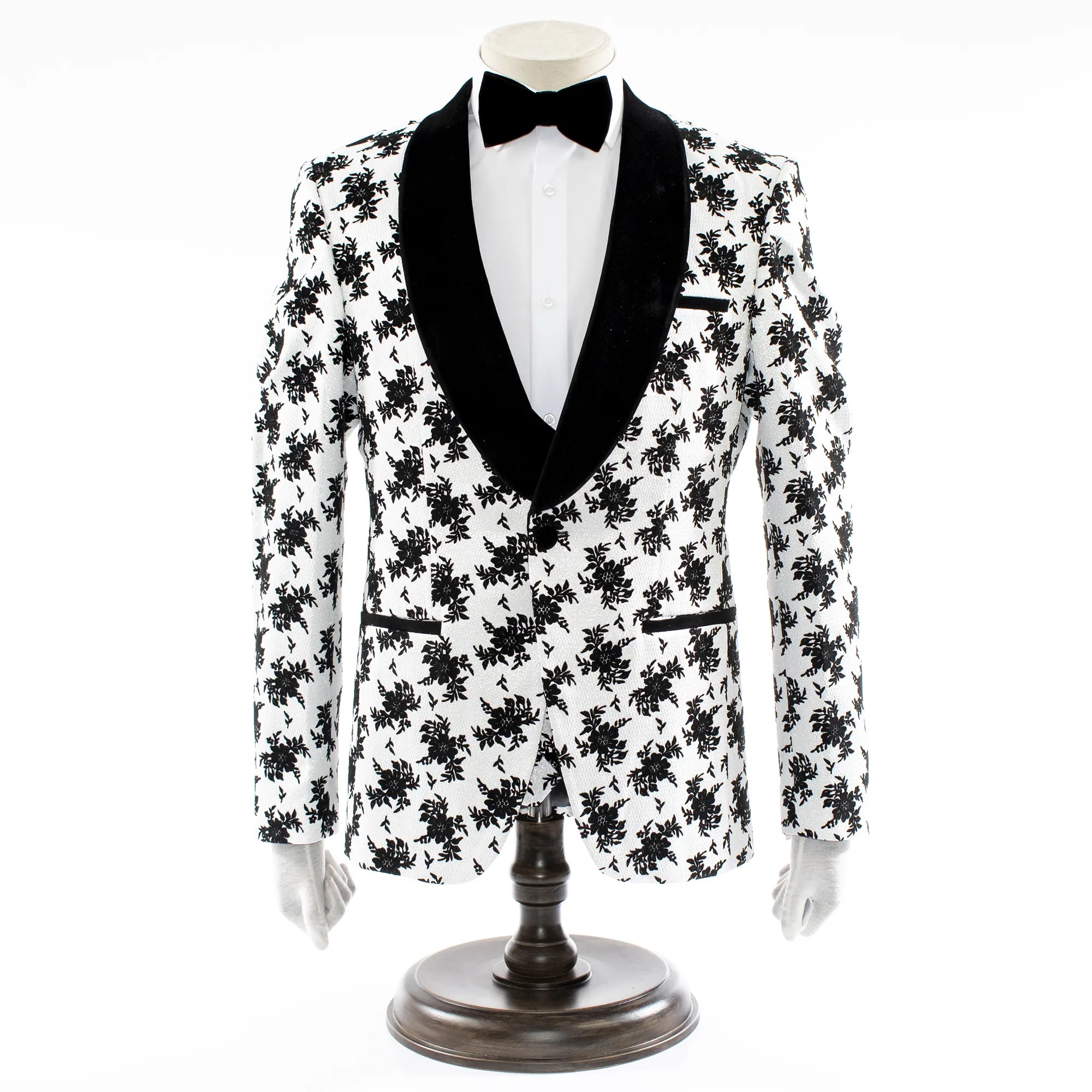 Platinum with Black Floral Pattern 3-Piece Tailored-Fit Tuxedo