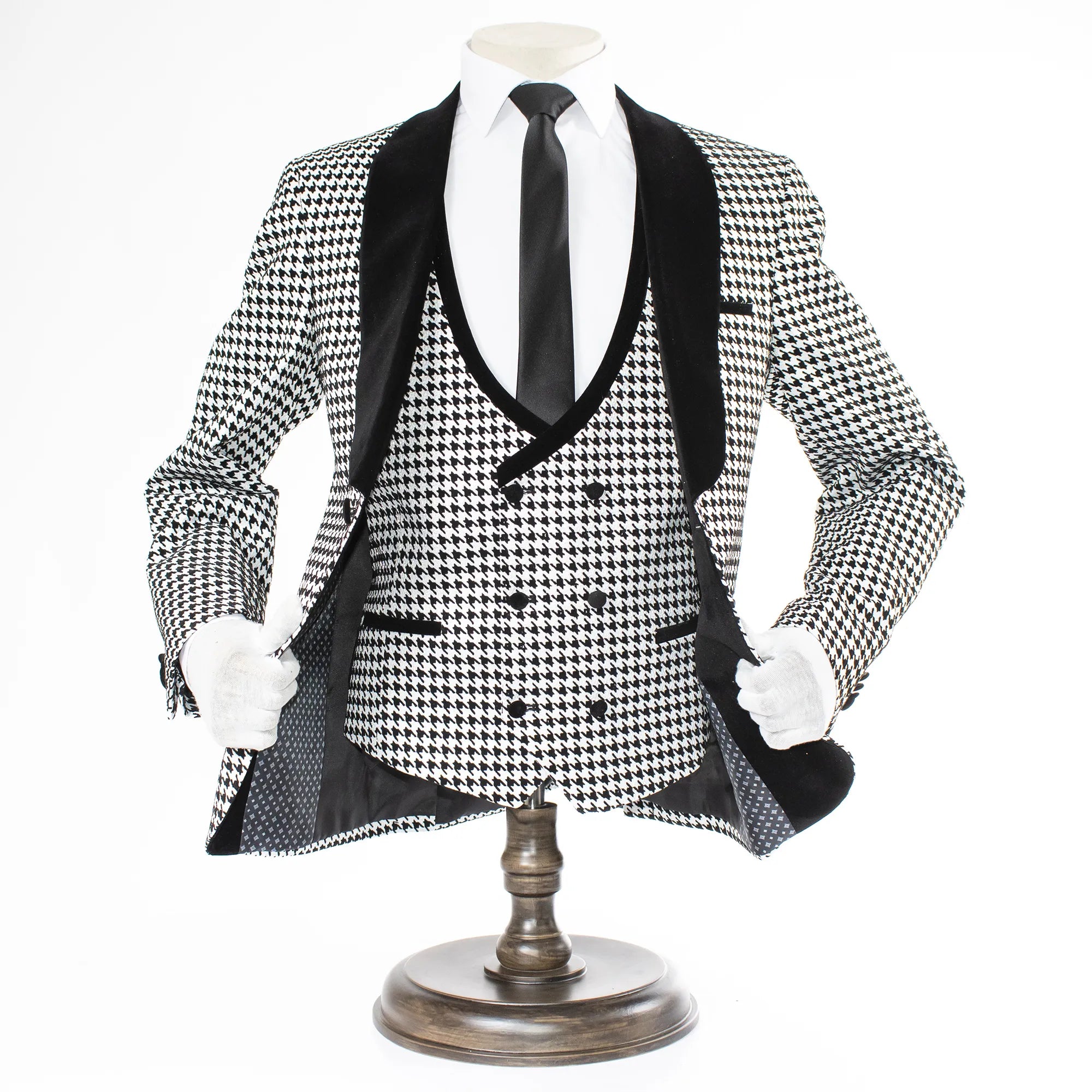 Silver Houndstooth Patterned 3-Piece Tailored-Fit Tuxedo