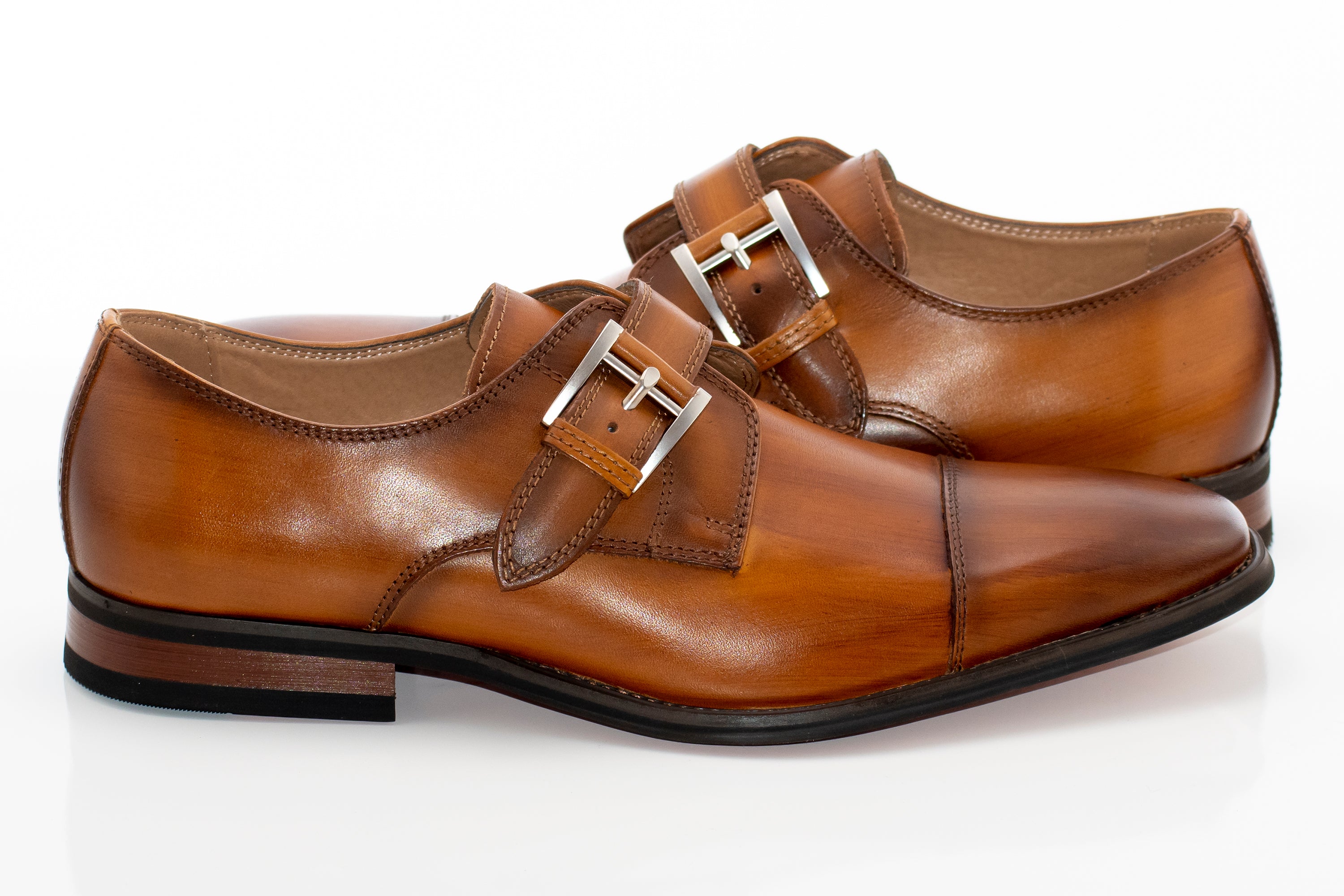 Men's Brown Cap-Toe Monk Strap Dress Shoe - Quarter, Heel