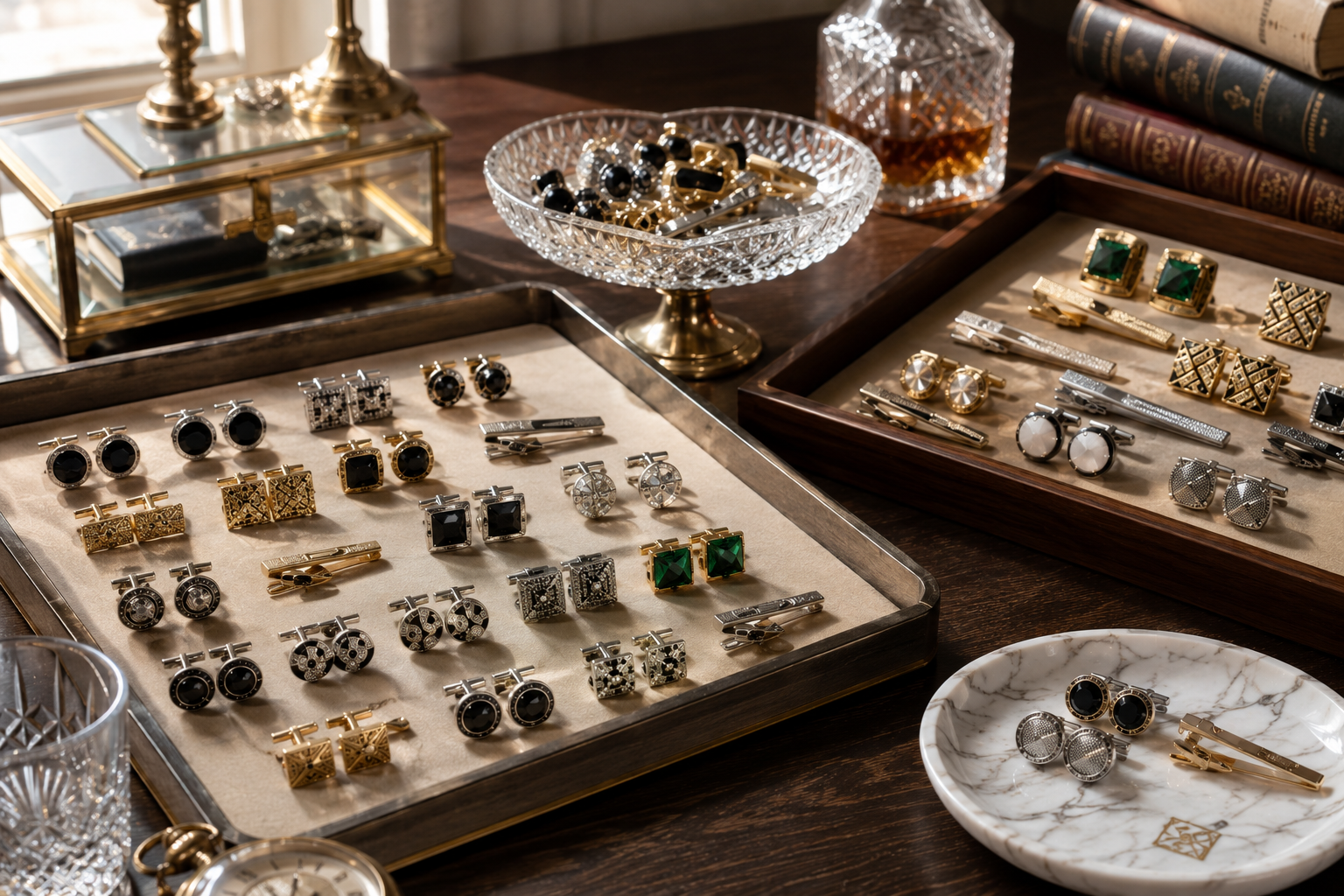 A display of men's cufflinks and tie clips arranged on wooden trays, a crystal bowl, and a marble dish on a wooden table.