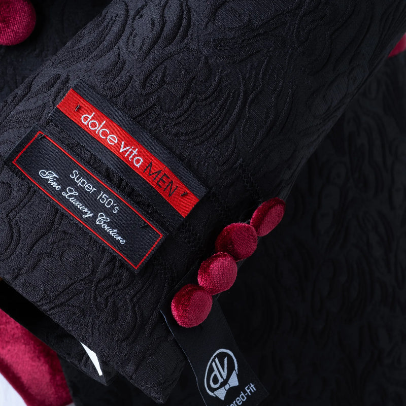 Gianni | Black with Burgundy Velvet Lapel 3-Piece Tailored-Fit Tuxedo