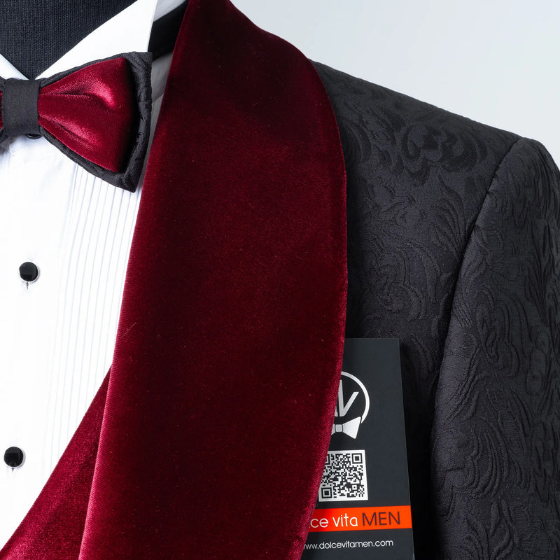 Gianni | Black with Burgundy Velvet Lapel 3-Piece Tailored-Fit Tuxedo