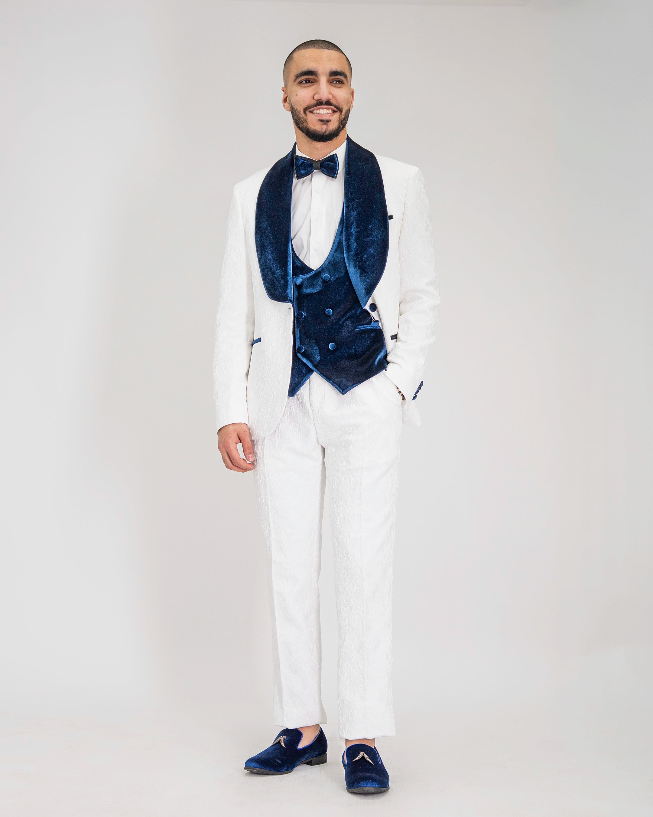 Gianni | White with Navy Velvet Lapel 3-Piece Tailored-Fit Tuxedo