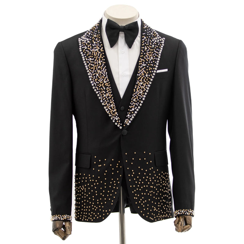 Black 3-Piece Slim-Fit Tuxedo with Gold and Silver Accents