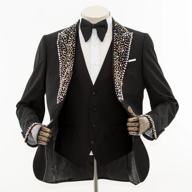 Black 3-Piece Slim-Fit Tuxedo with Gold and Silver Accents