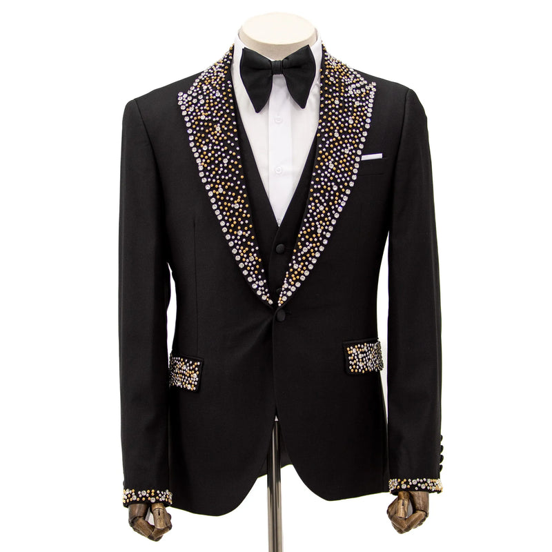 Black 3-Piece Slim-Fit Tuxedo with Gold and Silver Trim